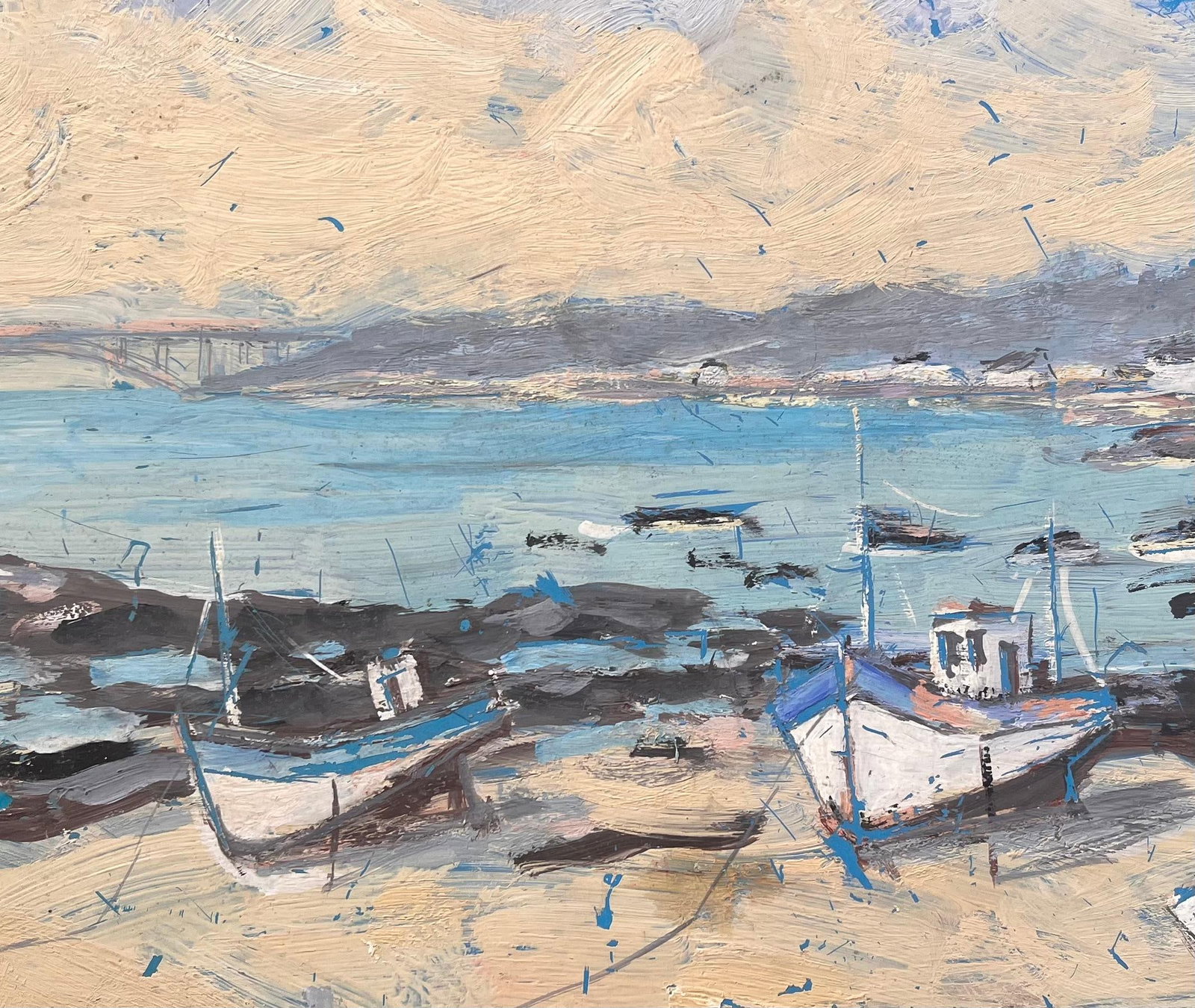 Fanch Lel; Impressionist Coastal Scene of Fishing Boats at Low Tide with Bridge View, 1993 - 10