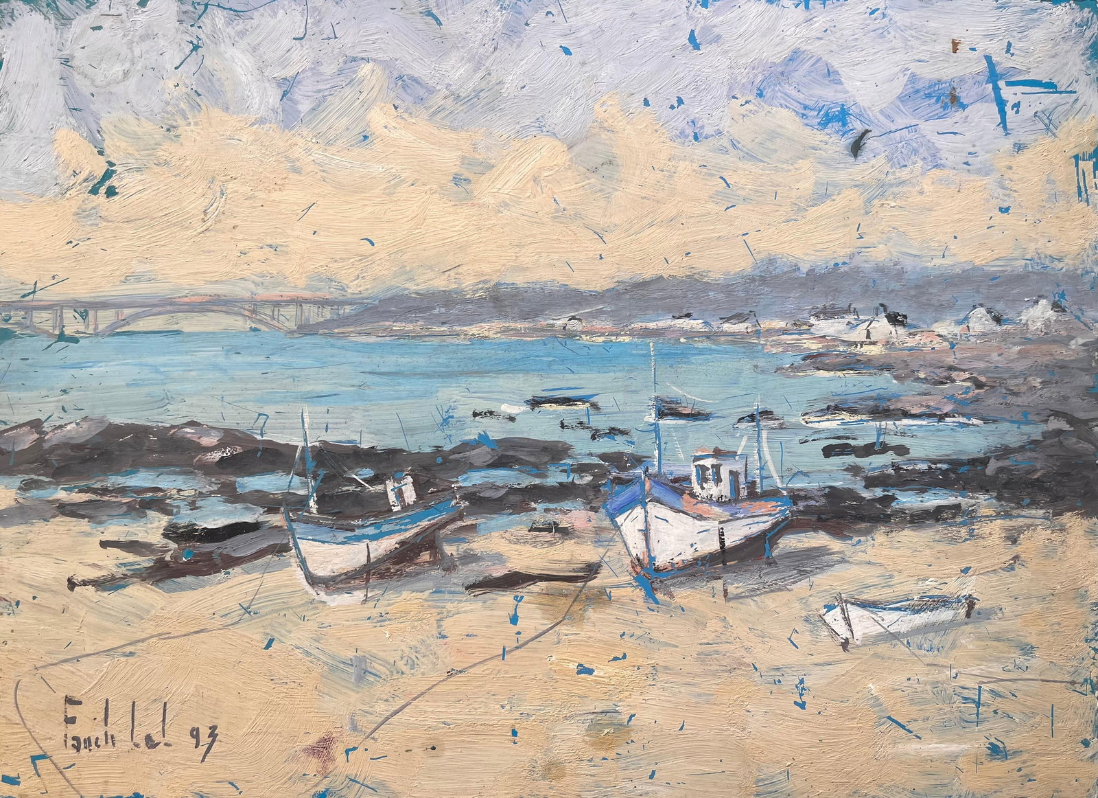 Fanch Lel; Impressionist Coastal Scene of Fishing Boats at Low Tide with Bridge View, 1993 (1 of 14)