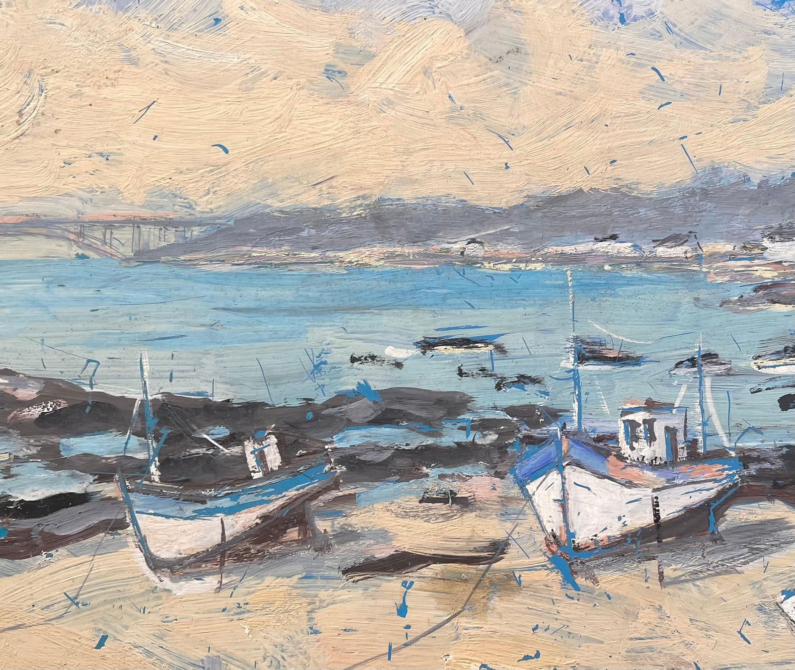 Fanch Lel; Impressionist Coastal Scene of Fishing Boats at Low Tide with Bridge View, 1993 - 2
