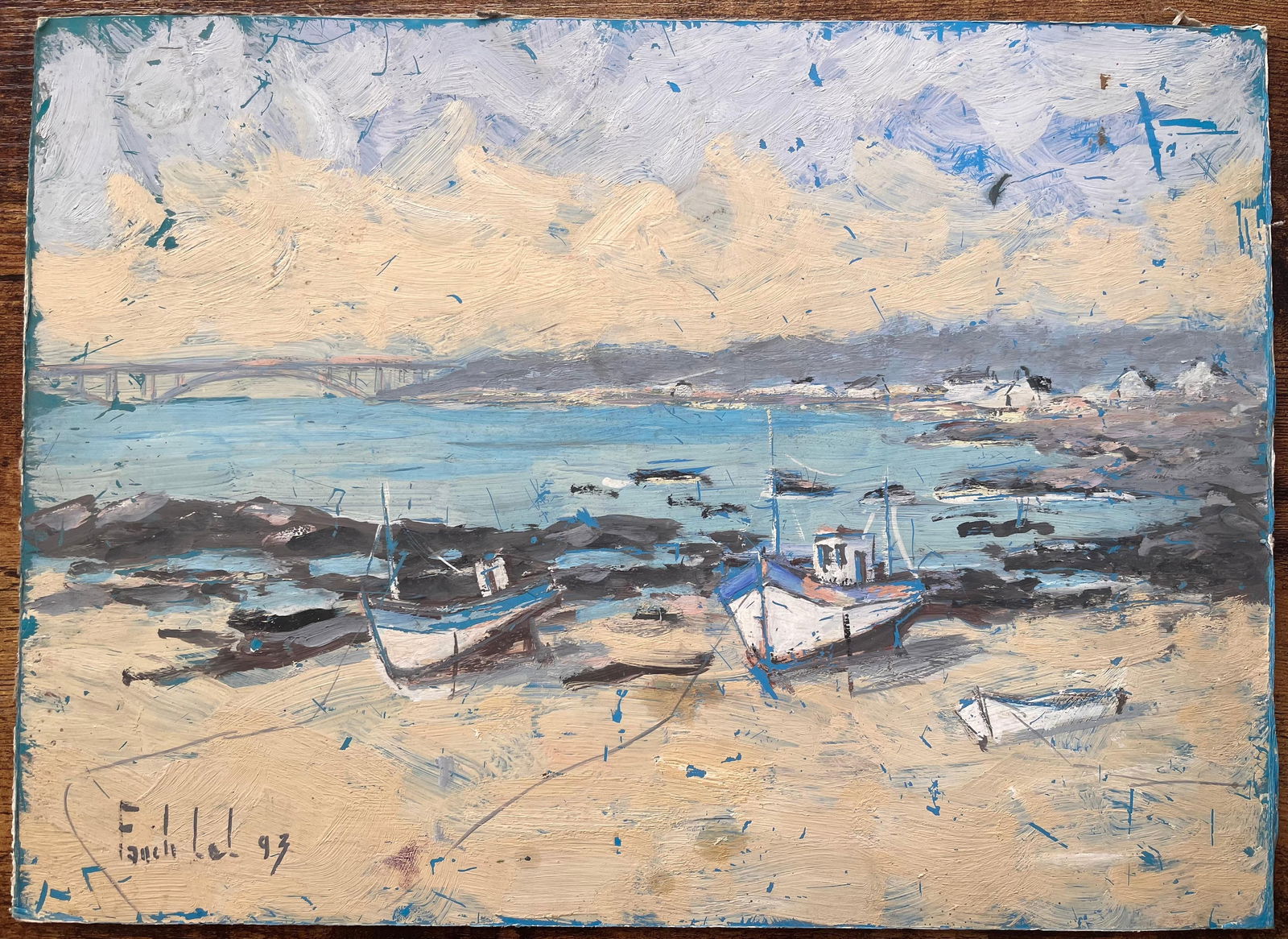 Fanch Lel; Impressionist Coastal Scene of Fishing Boats at Low Tide with Bridge View, 1993 - 5