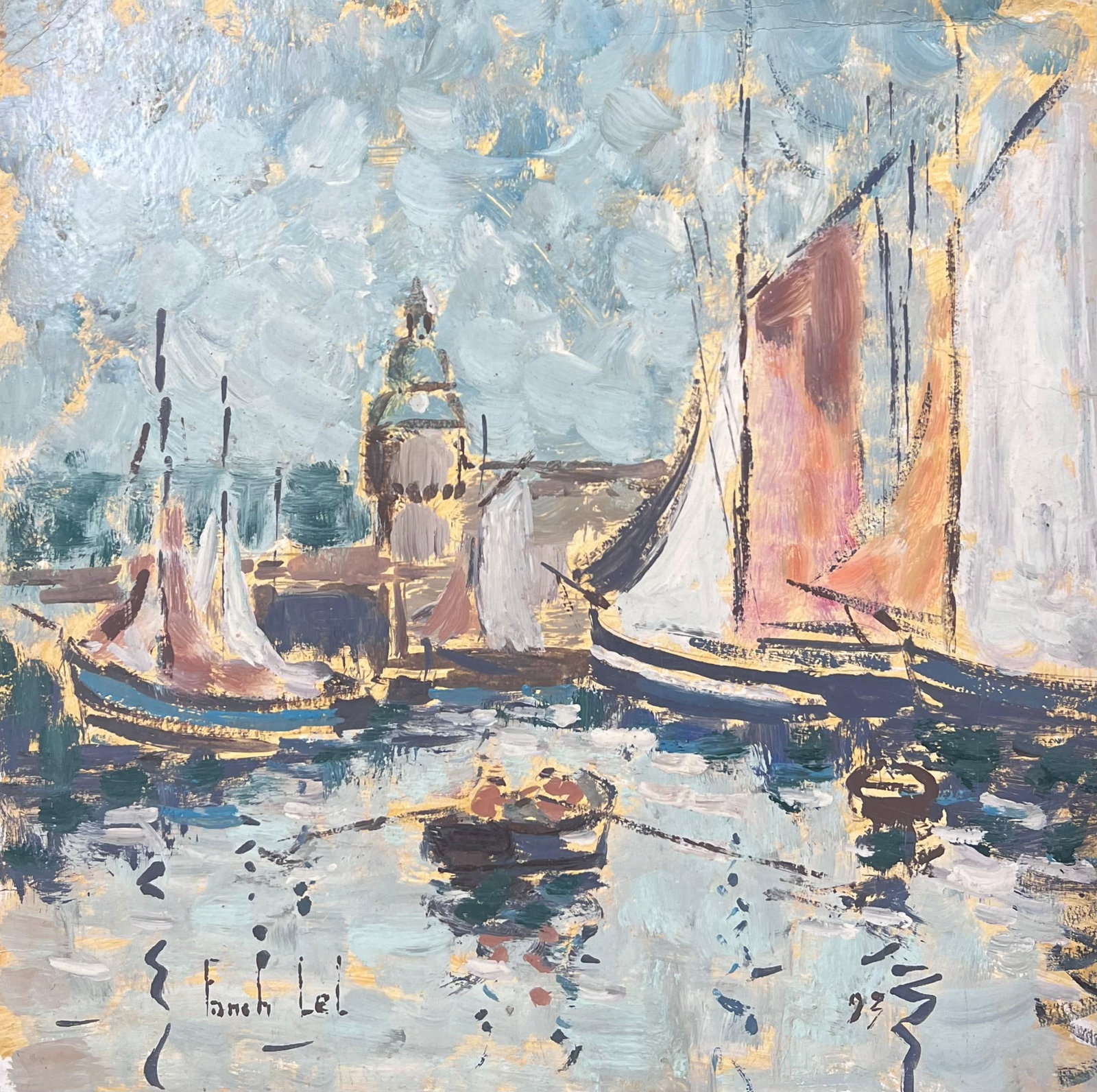 Fanch Lel; Rowing Boat Entering The Busy Harbour Full of Sailing Boat Landscape Painting - 14