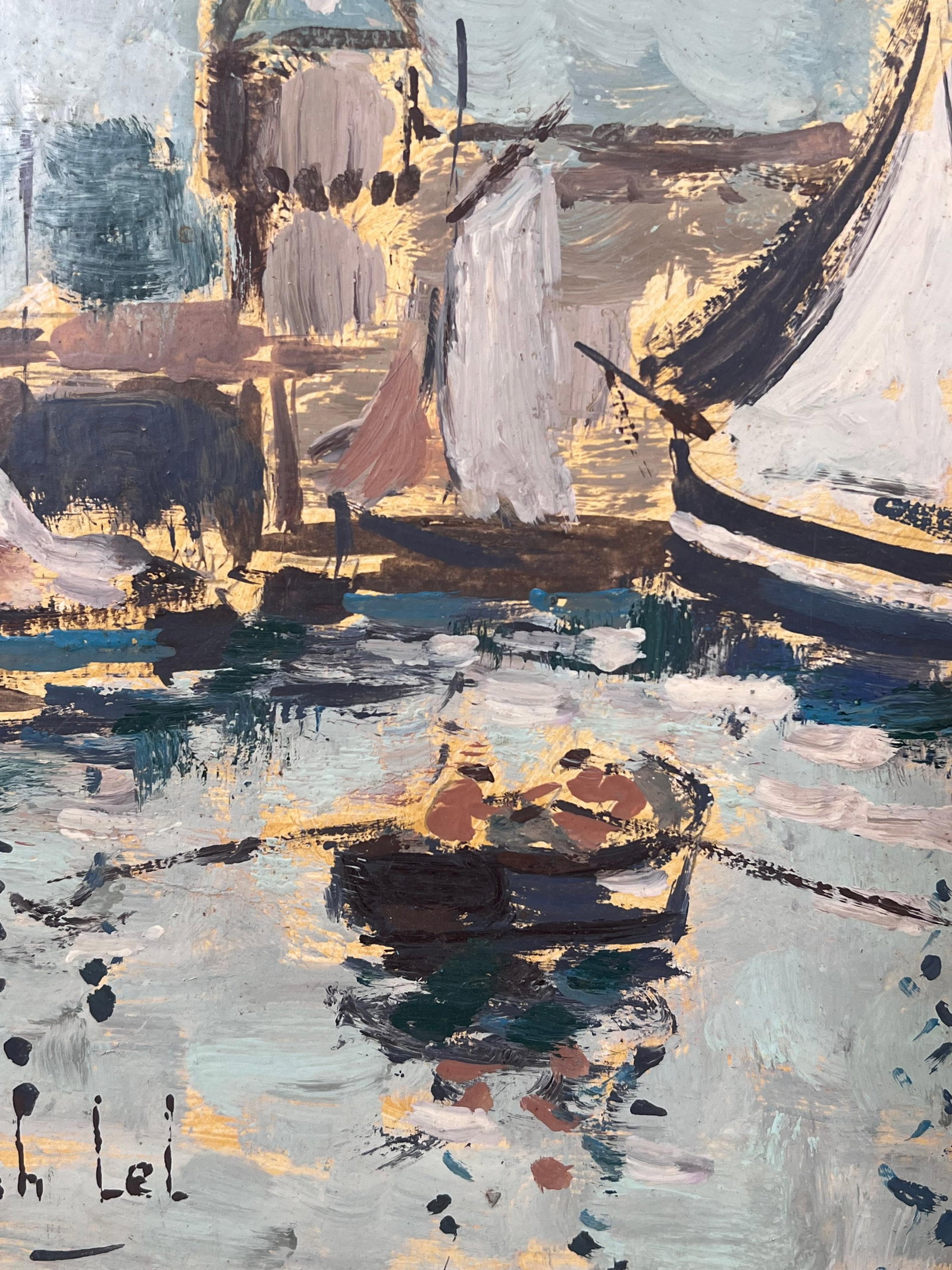 Fanch Lel; Rowing Boat Entering The Busy Harbour Full of Sailing Boat Landscape Painting - 6