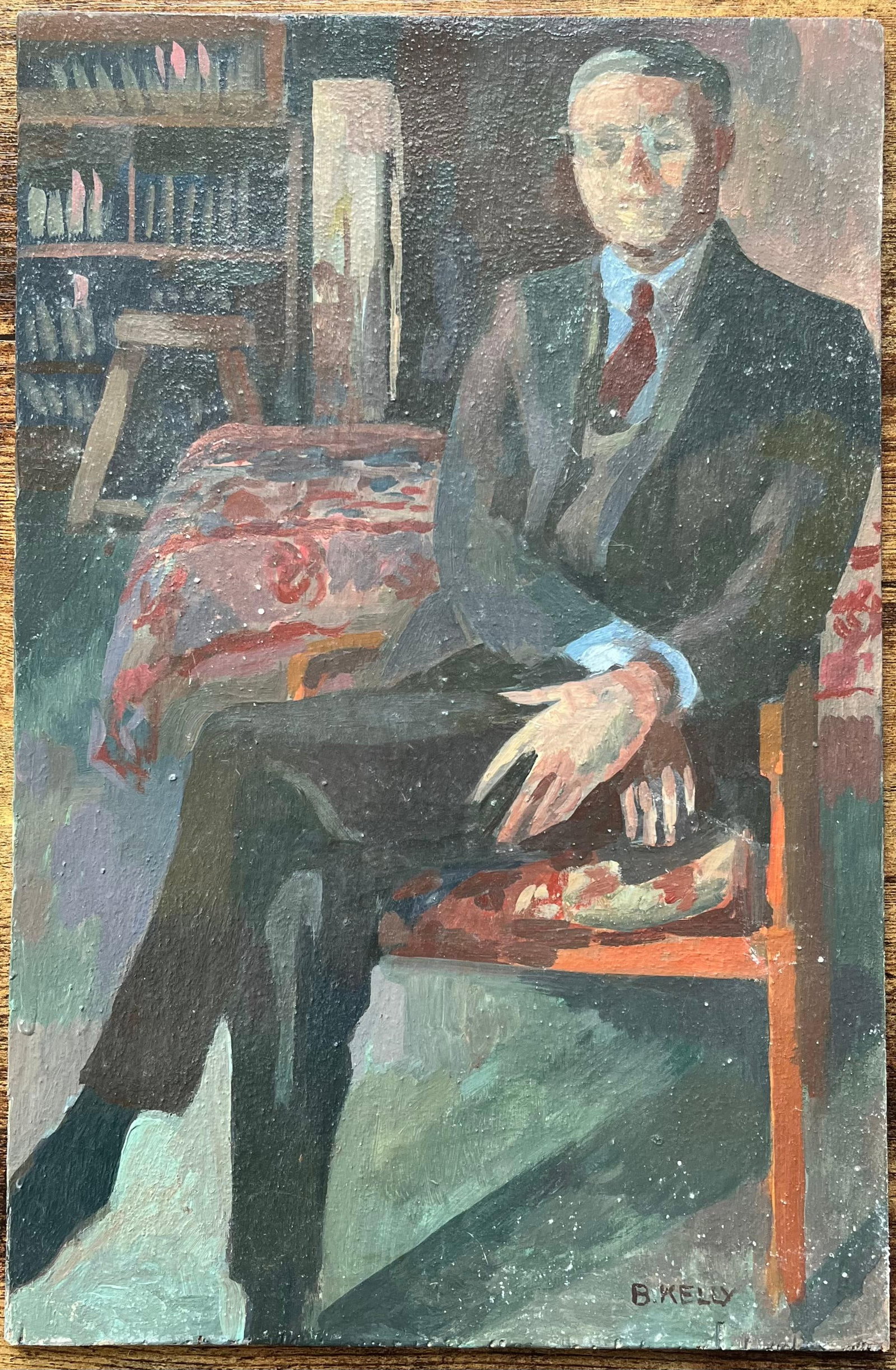 Bernadette Kelly; Modern French Oil Painting Portrait of a Man in a Library Interior Scene - 16