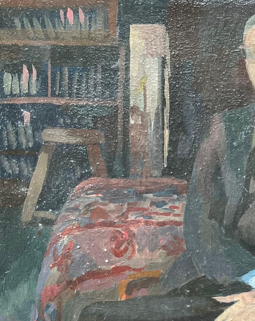 Bernadette Kelly; Modern French Oil Painting Portrait of a Man in a Library Interior Scene - 2