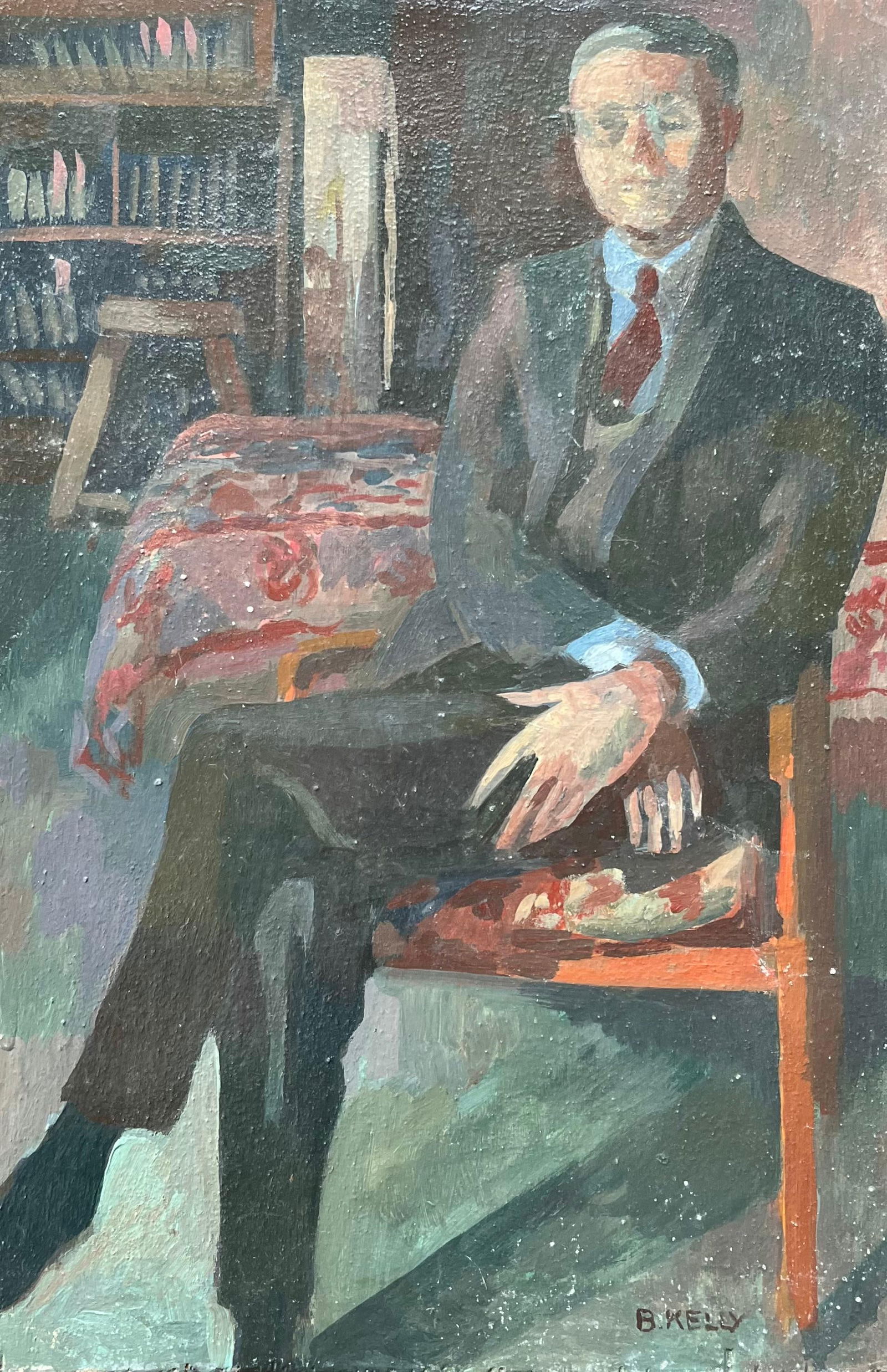Bernadette Kelly; Modern French Oil Painting Portrait of a Man in a Library Interior Scene - 7