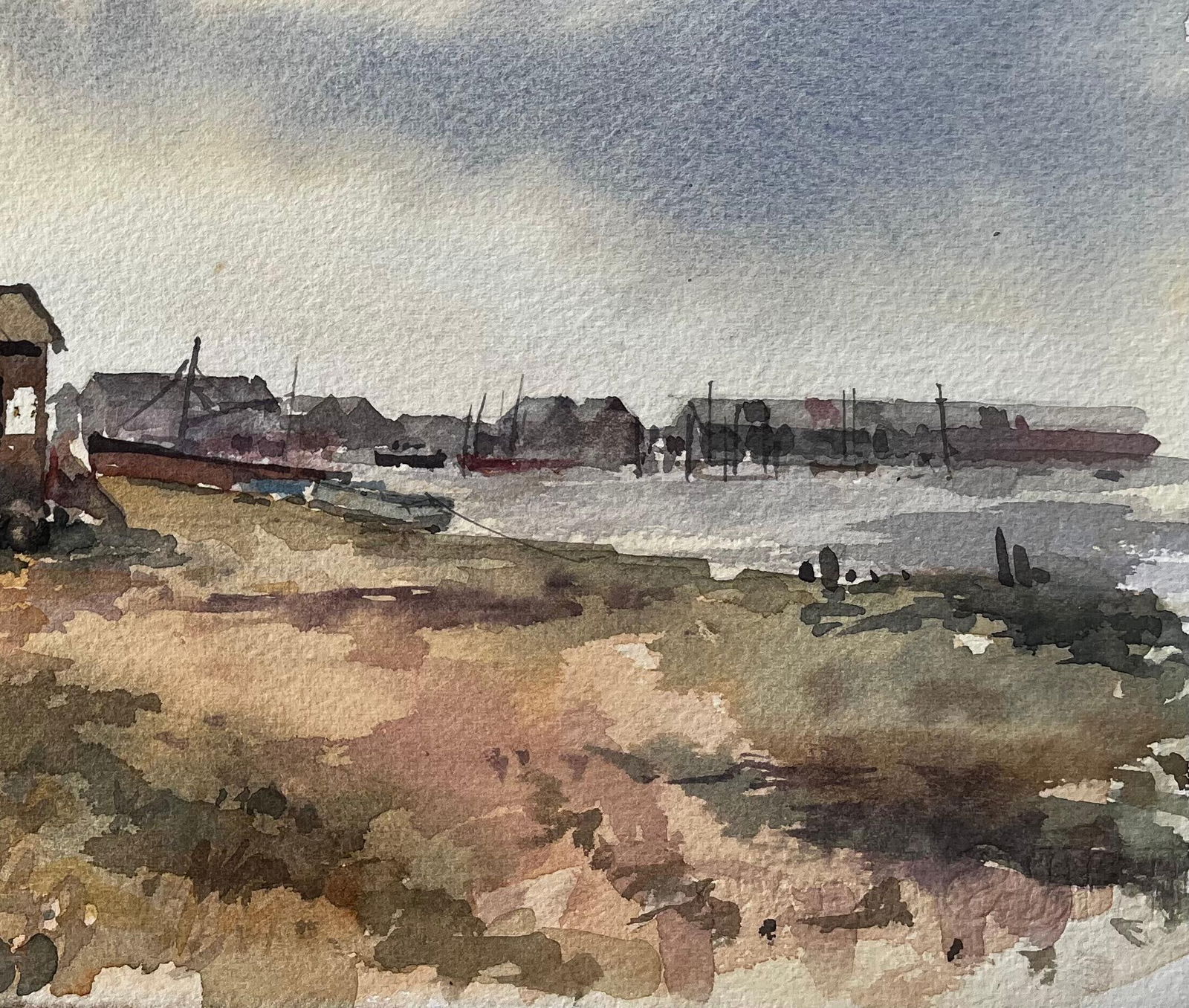 Anthony Herbert; Southwold Harbour Ferry Hut with Distant Shoreline and Boats Watercolour - 7
