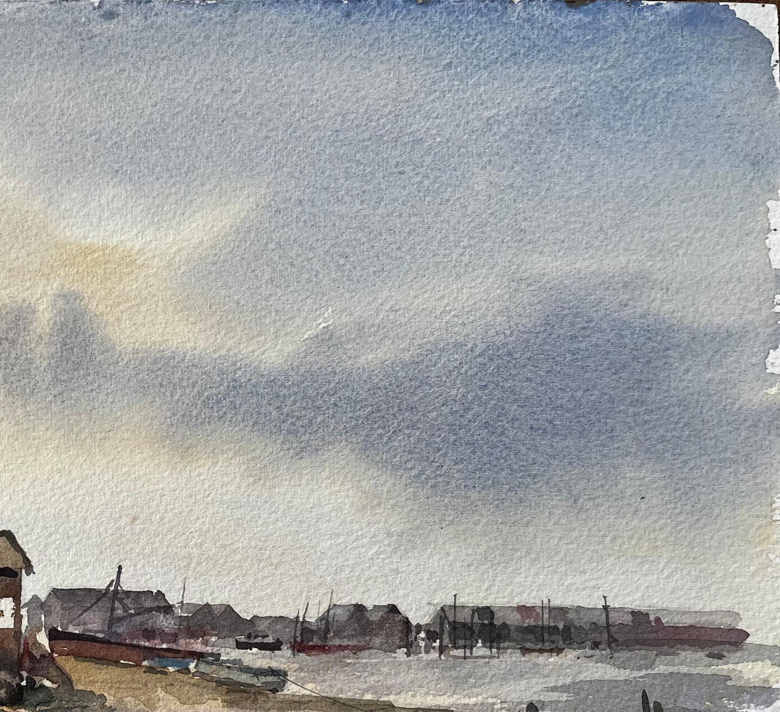 Anthony Herbert; Southwold Harbour Ferry Hut with Distant Shoreline and Boats Watercolour - 8