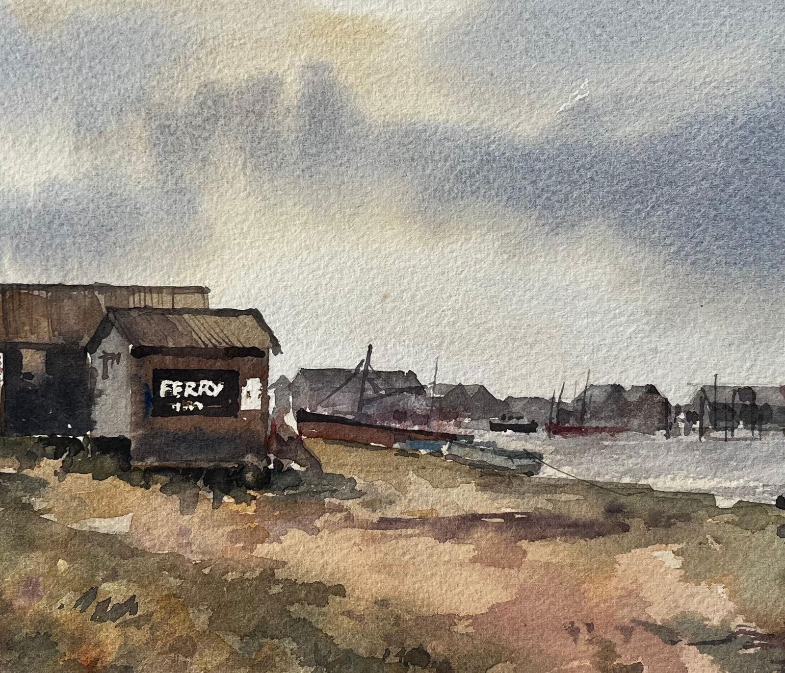 Anthony Herbert; Southwold Harbour Ferry Hut with Distant Shoreline and Boats Watercolour - 10