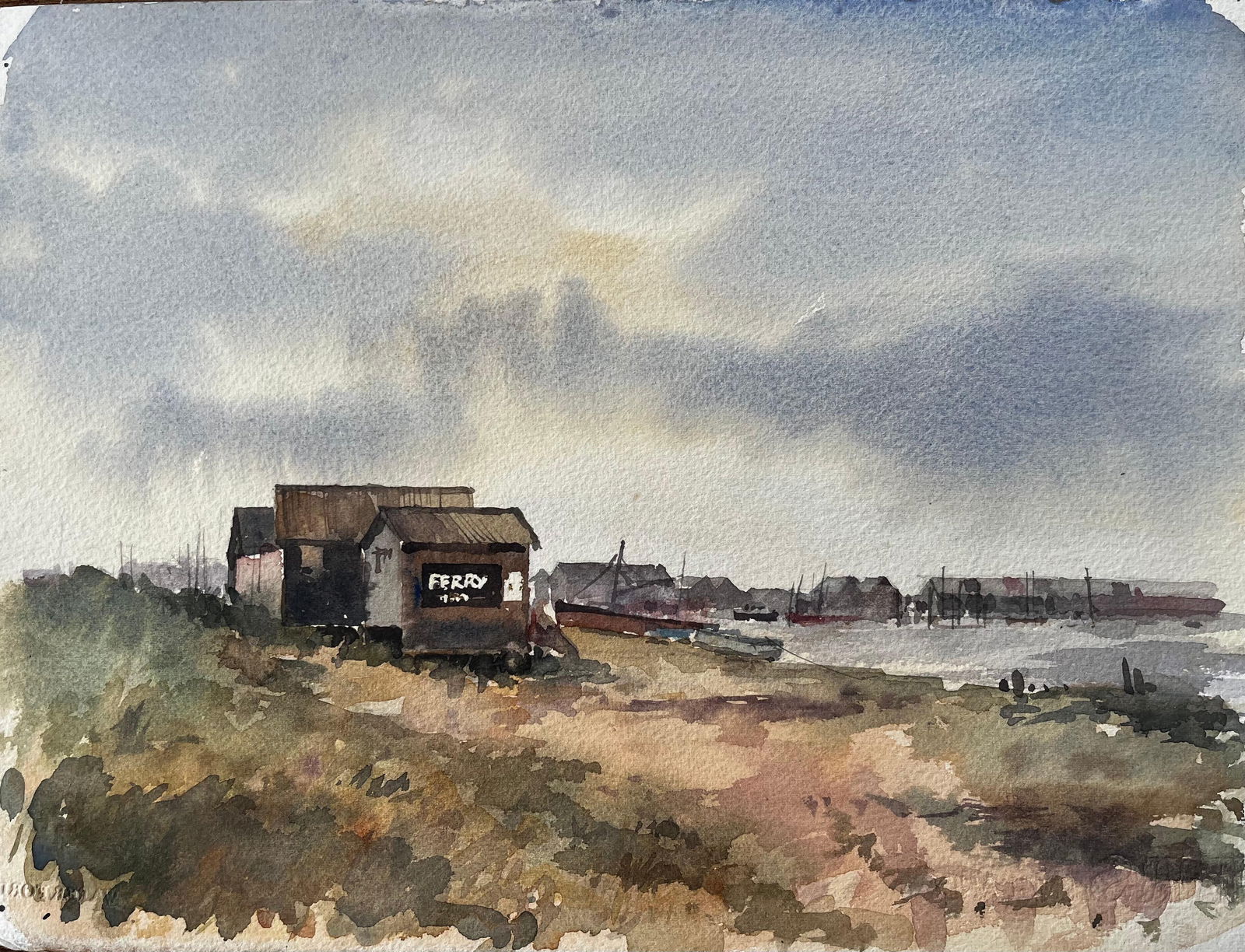 Anthony Herbert; Southwold Harbour Ferry Hut with Distant Shoreline and Boats Watercolour: Title: Anthony Herbert; Southwold Harbour Ferry Hut with Distant Shoreline and Boats Watercolour Description: Title: Southwold Harbour Fishing Boat Low Tide Estuary Scene with Sheds and Moorings By
