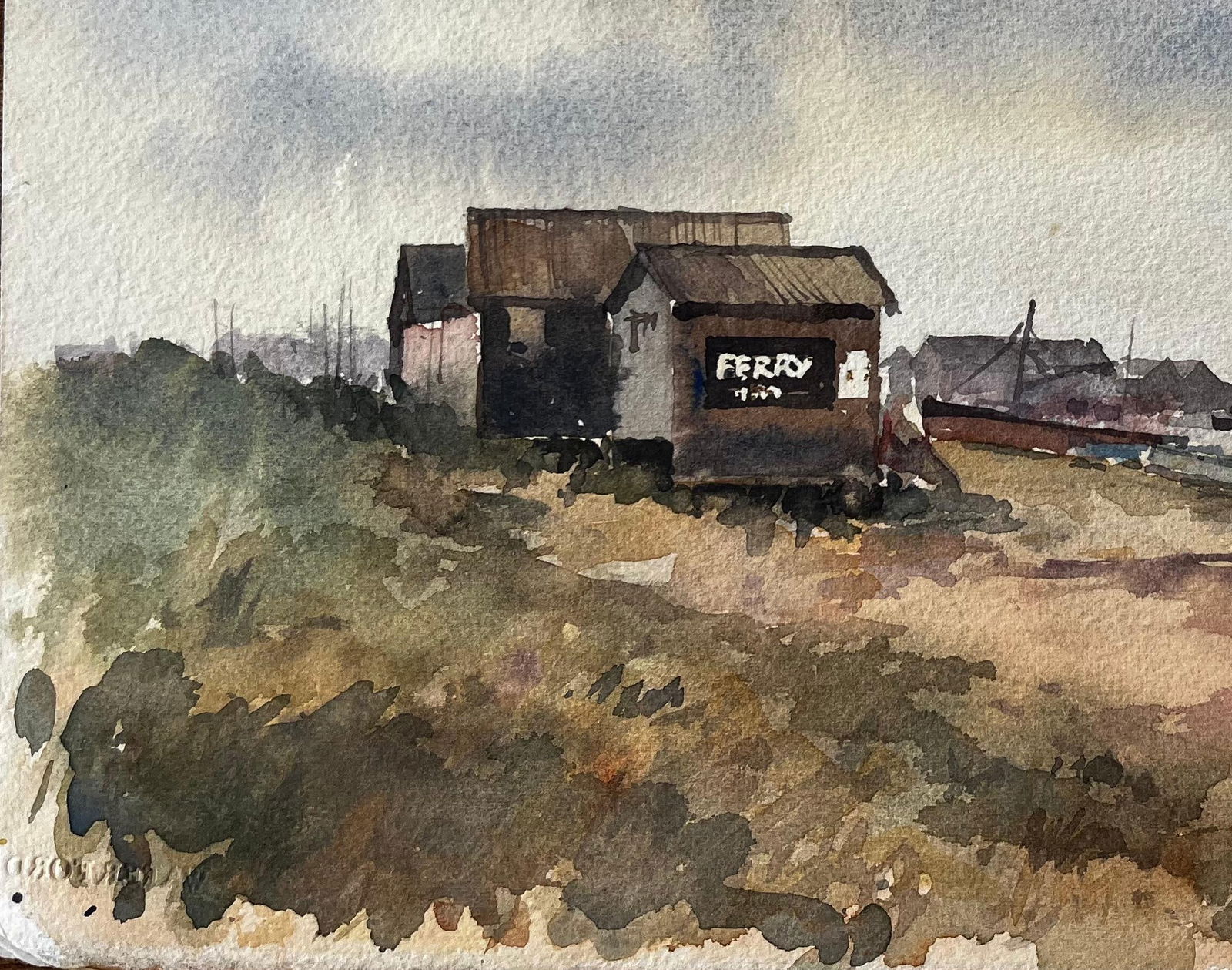 Anthony Herbert; Southwold Harbour Ferry Hut with Distant Shoreline and Boats Watercolour - 14