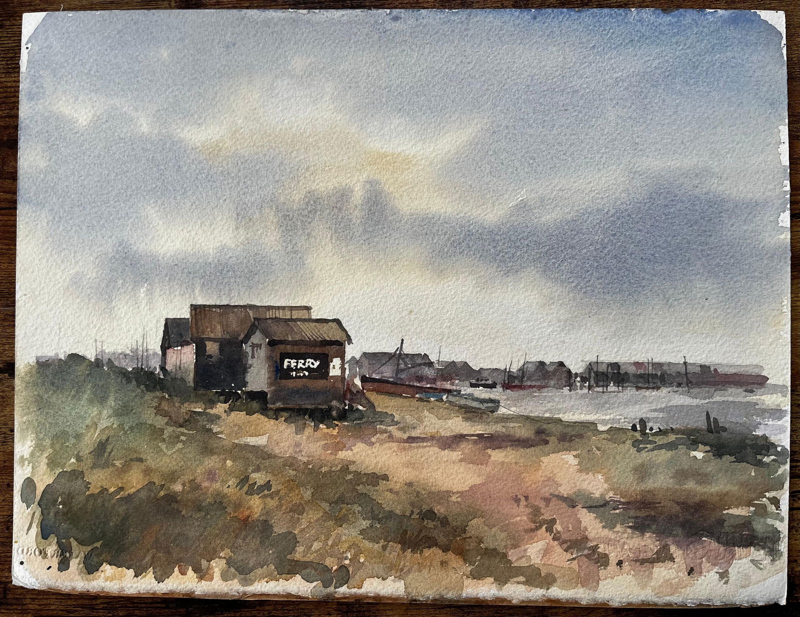 Anthony Herbert; Southwold Harbour Ferry Hut with Distant Shoreline and Boats Watercolour - 5