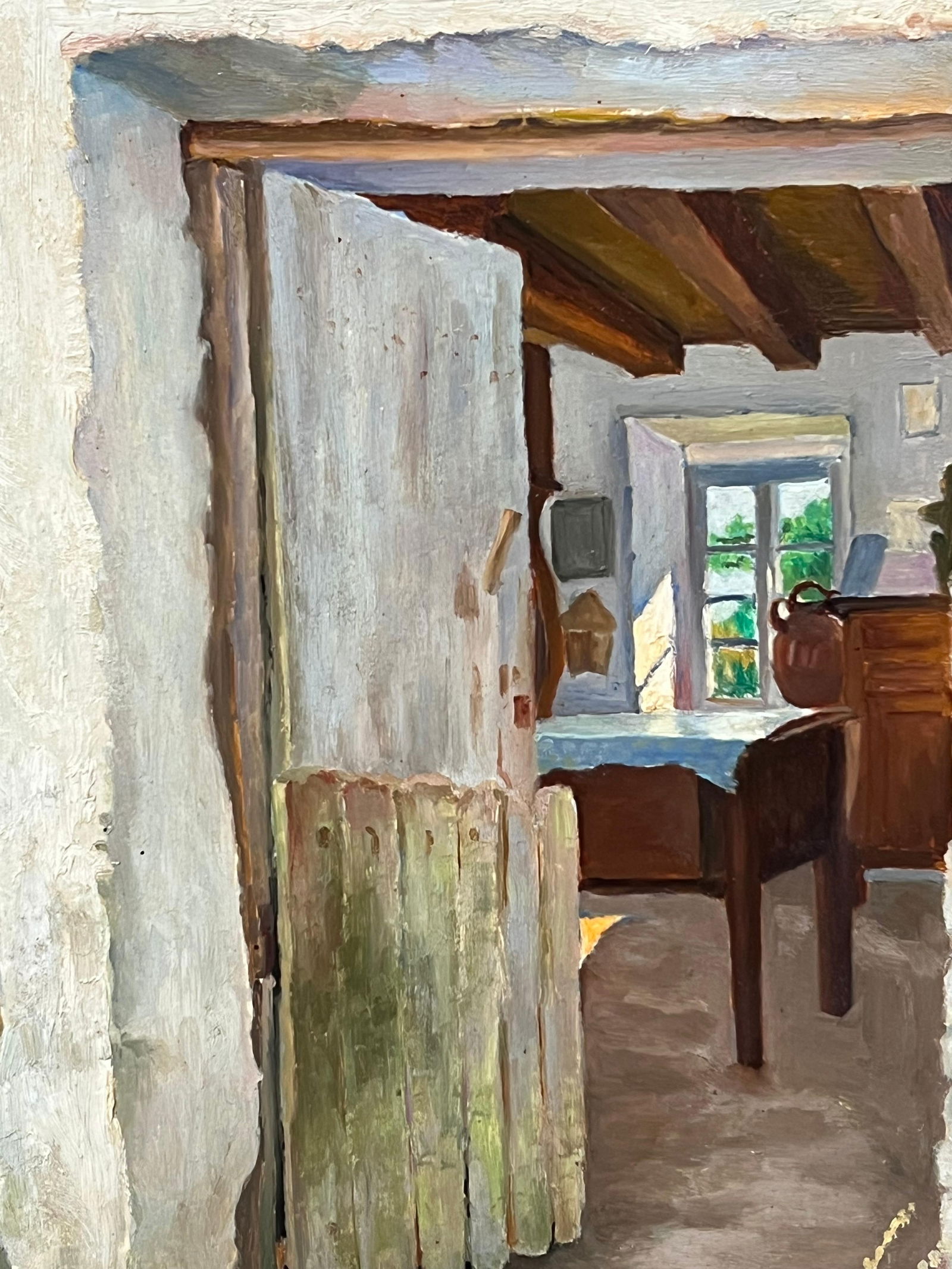 H.Gouy; Mid 20th Century French Signed Oil Painting Cottage Kitchen Door Interior Scene - 2