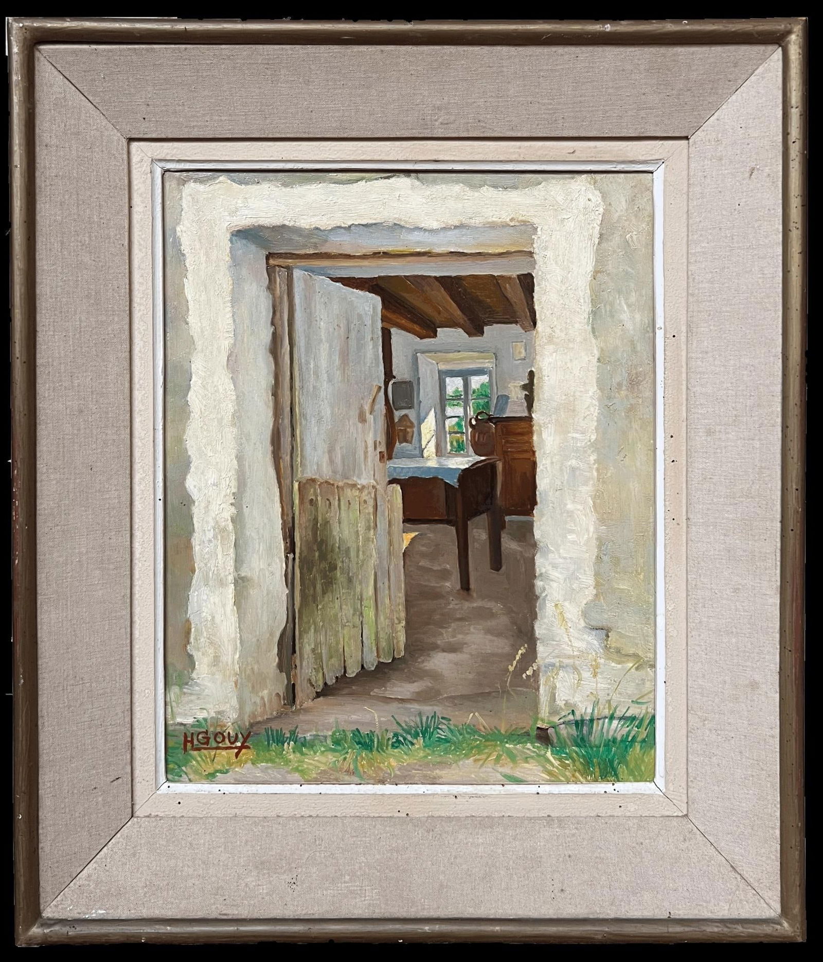 H.Gouy; Mid 20th Century French Signed Oil Painting Cottage Kitchen Door Interior Scene - 4