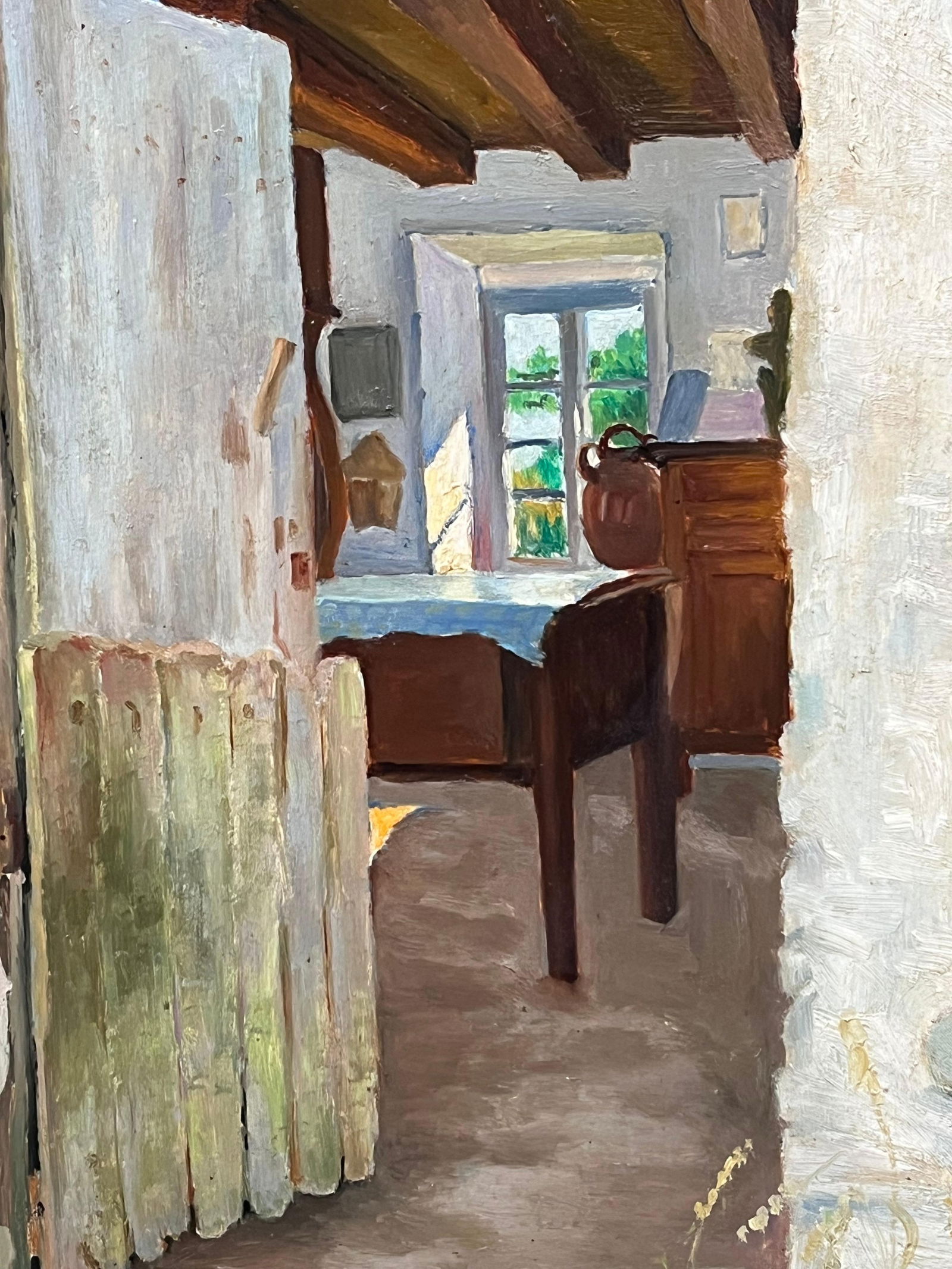 H.Gouy; Mid 20th Century French Signed Oil Painting Cottage Kitchen Door Interior Scene - 5