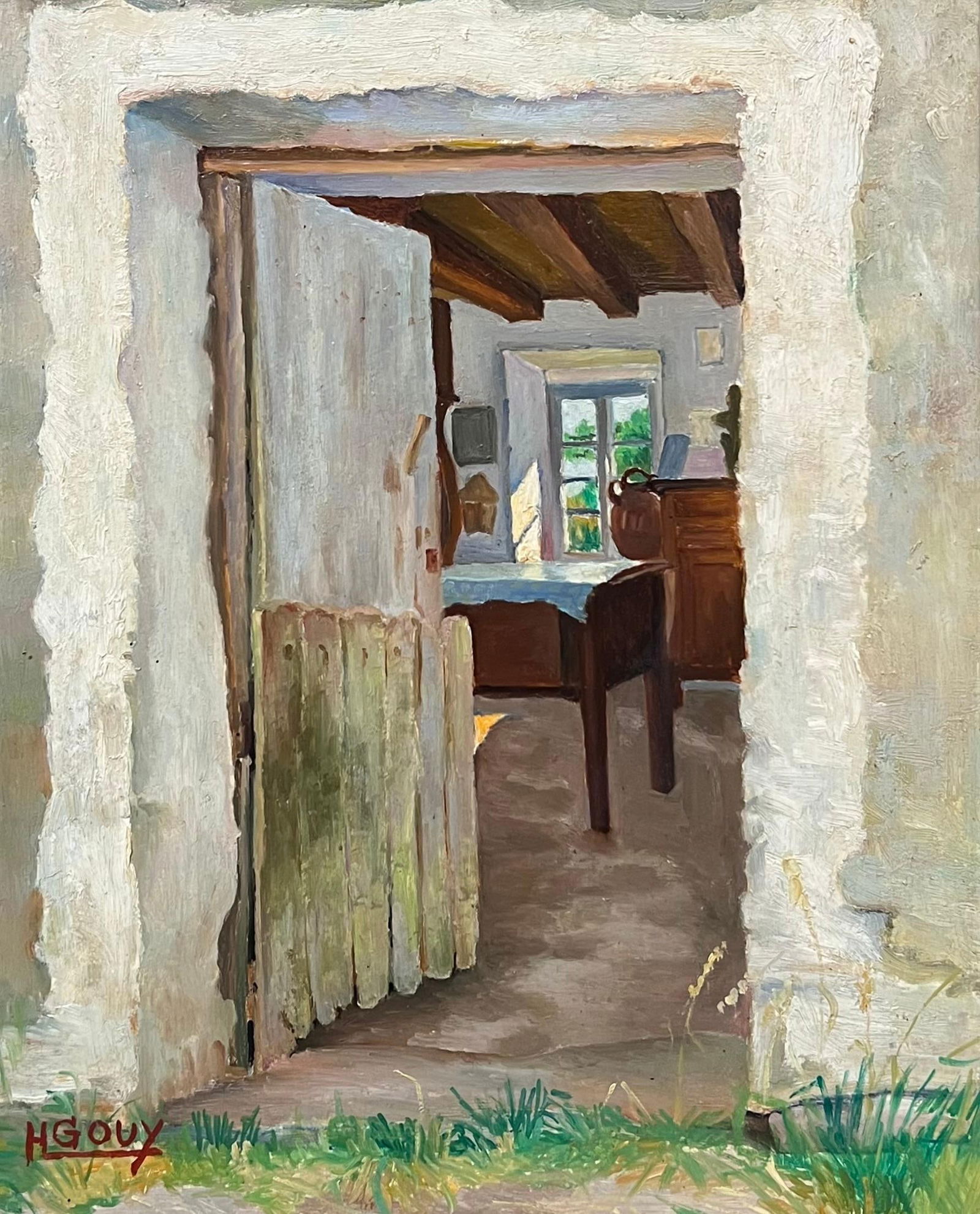 H.Gouy; Mid 20th Century French Signed Oil Painting Cottage Kitchen Door Interior Scene - 6