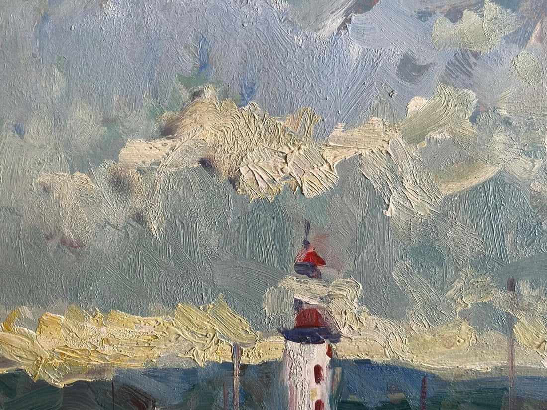 Maurice Mazeilie, French Impressionist Signed Oil, Brittany Harbour Lighthouse, 20th Century - 3