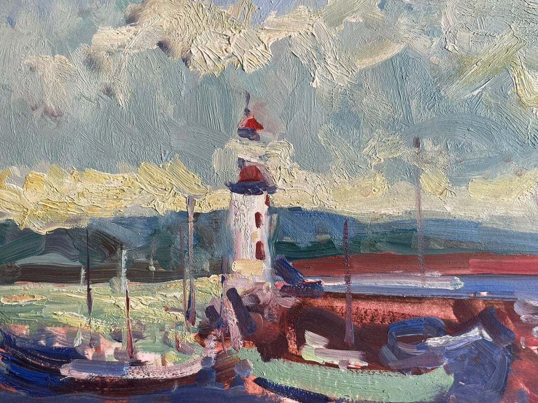 Maurice Mazeilie, French Impressionist Signed Oil, Brittany Harbour Lighthouse, 20th Century - 4