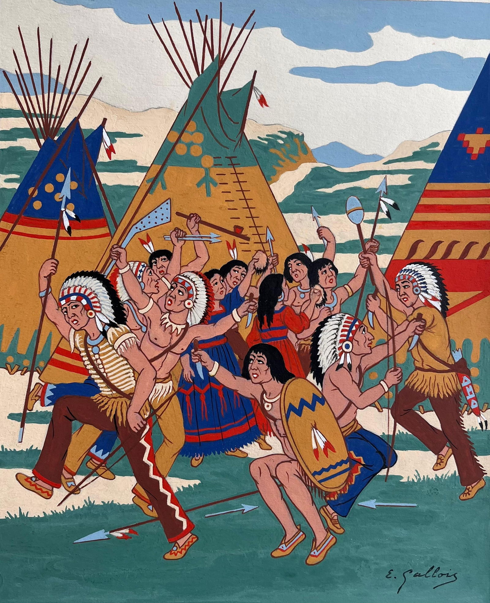 Emile GALLOIS (1882-1965); French Gouache Painting of Sioux Scalp Dance Ritual in South Dakota - 4