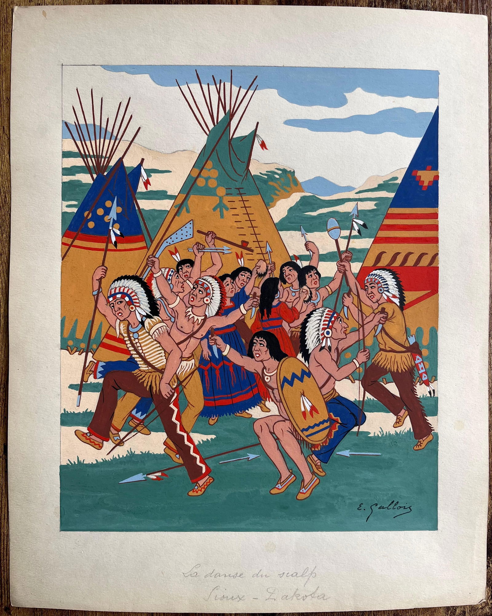 Emile GALLOIS (1882-1965); French Gouache Painting of Sioux Scalp Dance Ritual in South Dakota - 5