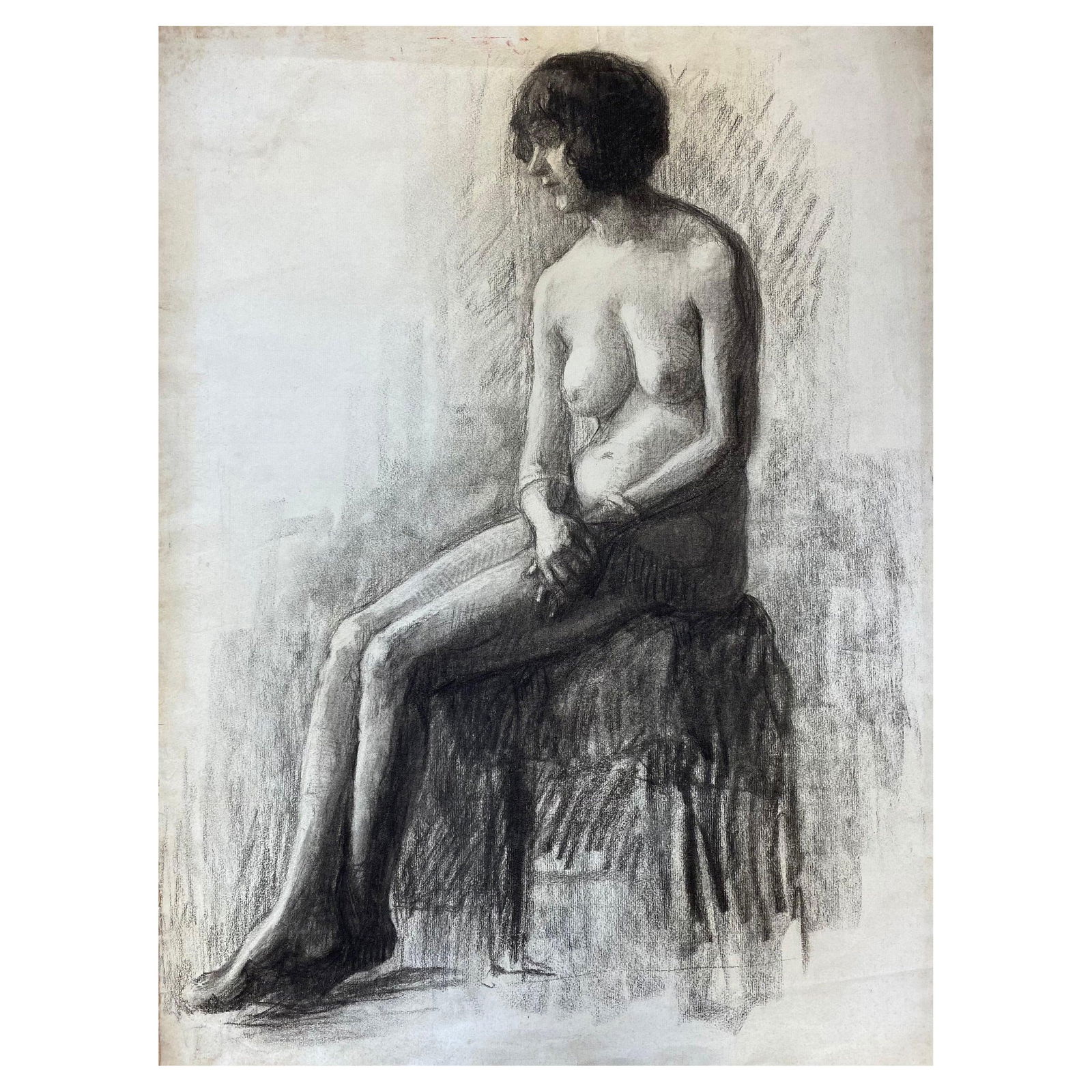 1920's French Charcoal Sketch of Seated Figure Lady the Artists Model, 1920s: Title: 1920's French Charcoal Sketch of Seated Figure Lady the Artists Model, 1920s Description: The Artists Model French School, circa 1920's Charcoal drawing on paper, unframed. Paper: 24.5 x 17.5 i