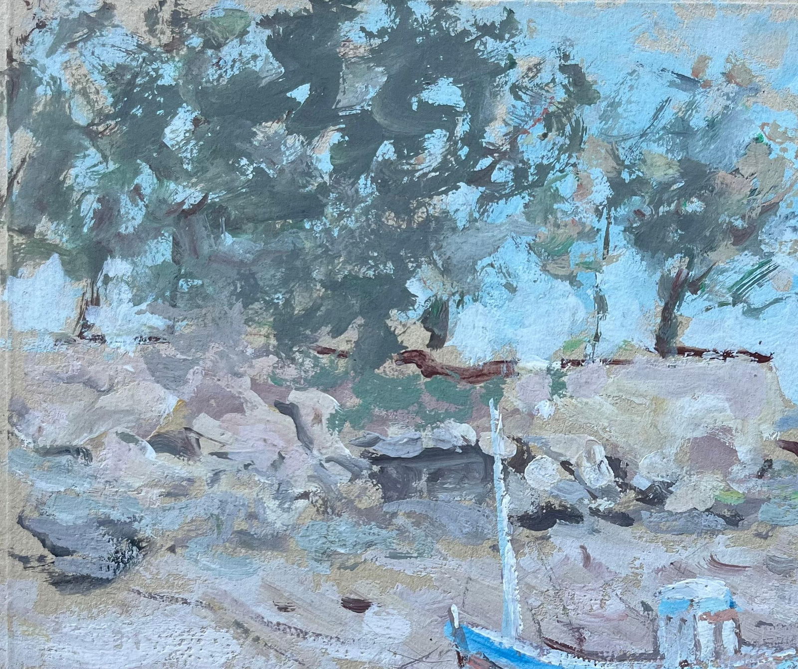 F.T Roussel; French Coastal Landscape with Moored Boat and Cliffside Trees, 1995 - 10