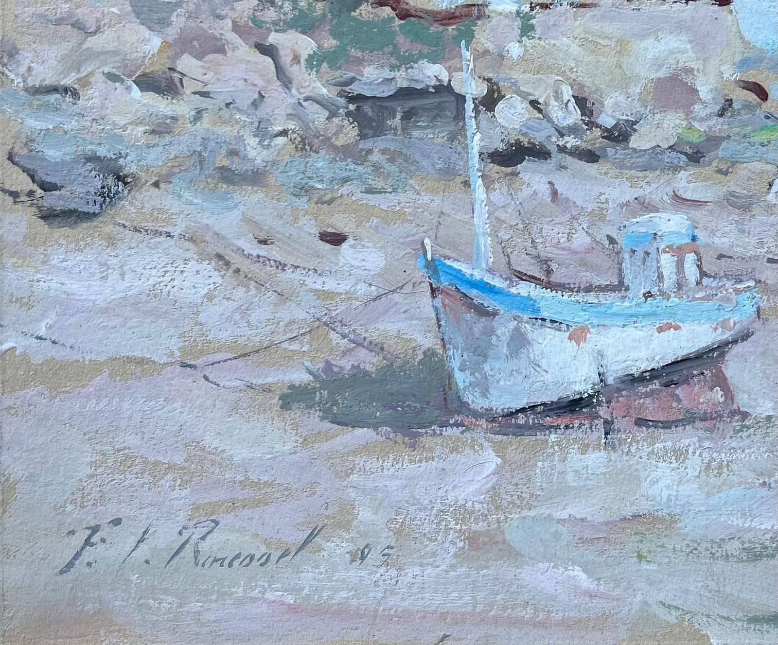 F.T Roussel; French Coastal Landscape with Moored Boat and Cliffside Trees, 1995 - 11