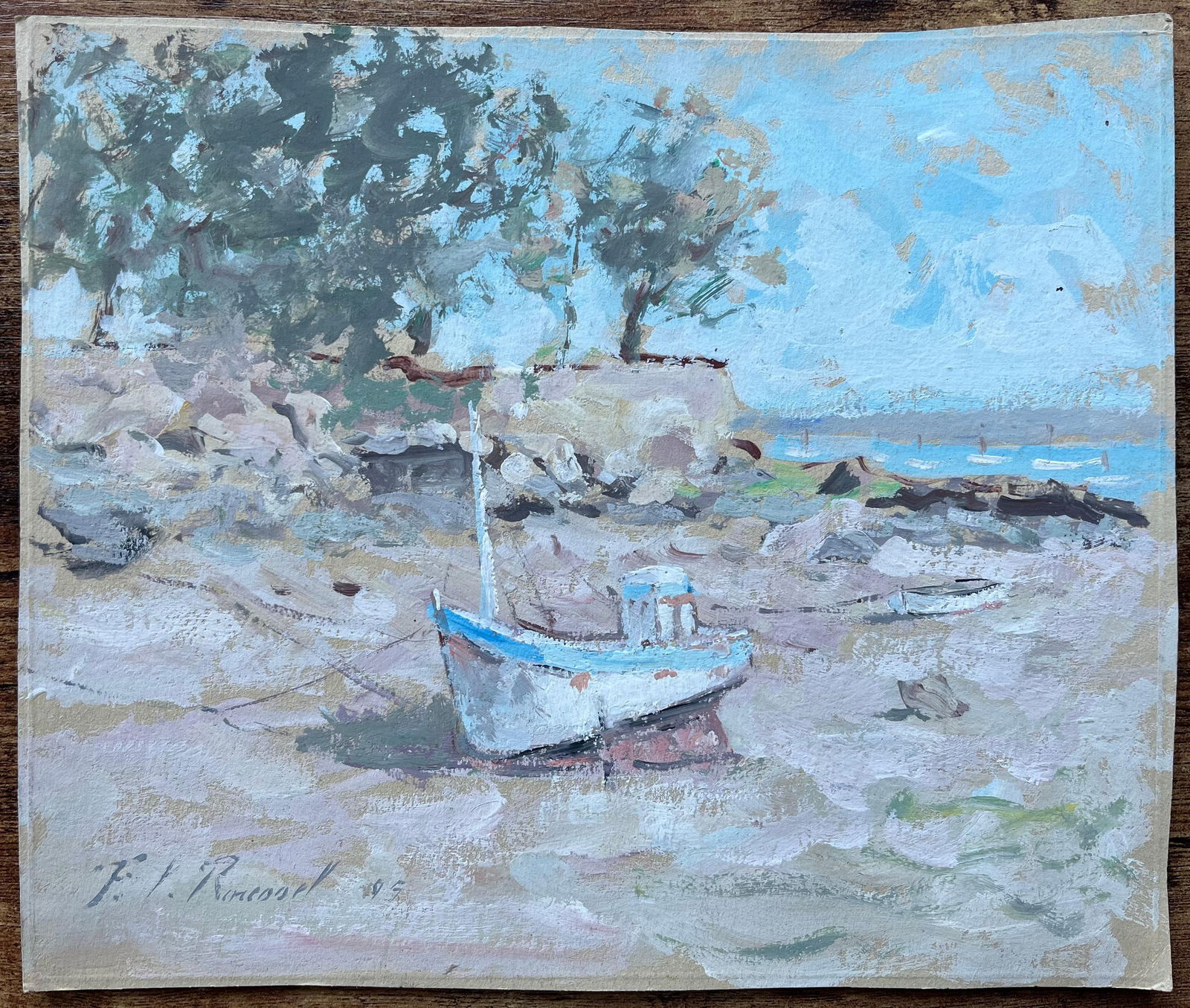 F.T Roussel; French Coastal Landscape with Moored Boat and Cliffside Trees, 1995 - 15