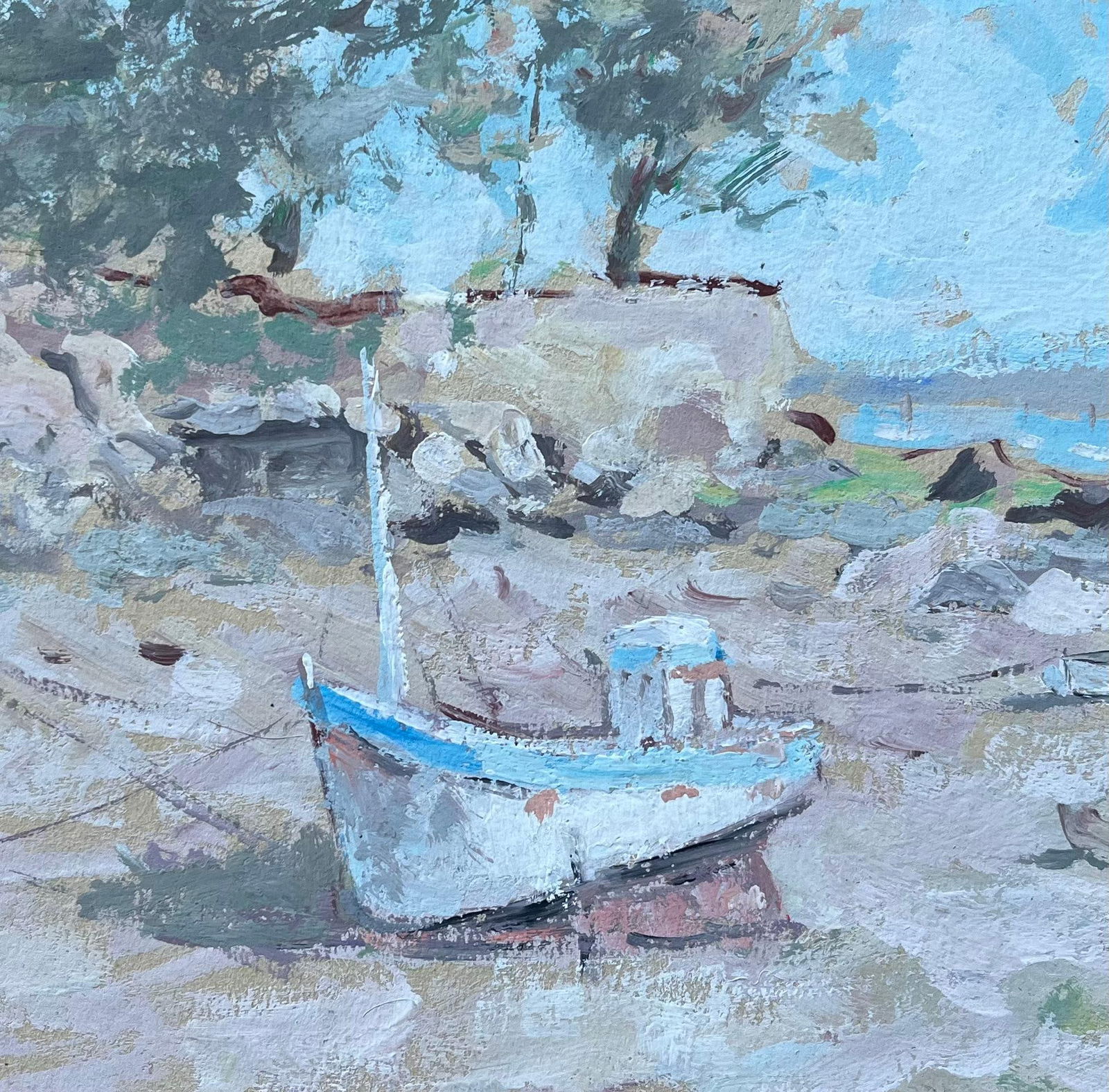 F.T Roussel; French Coastal Landscape with Moored Boat and Cliffside Trees, 1995 - 19