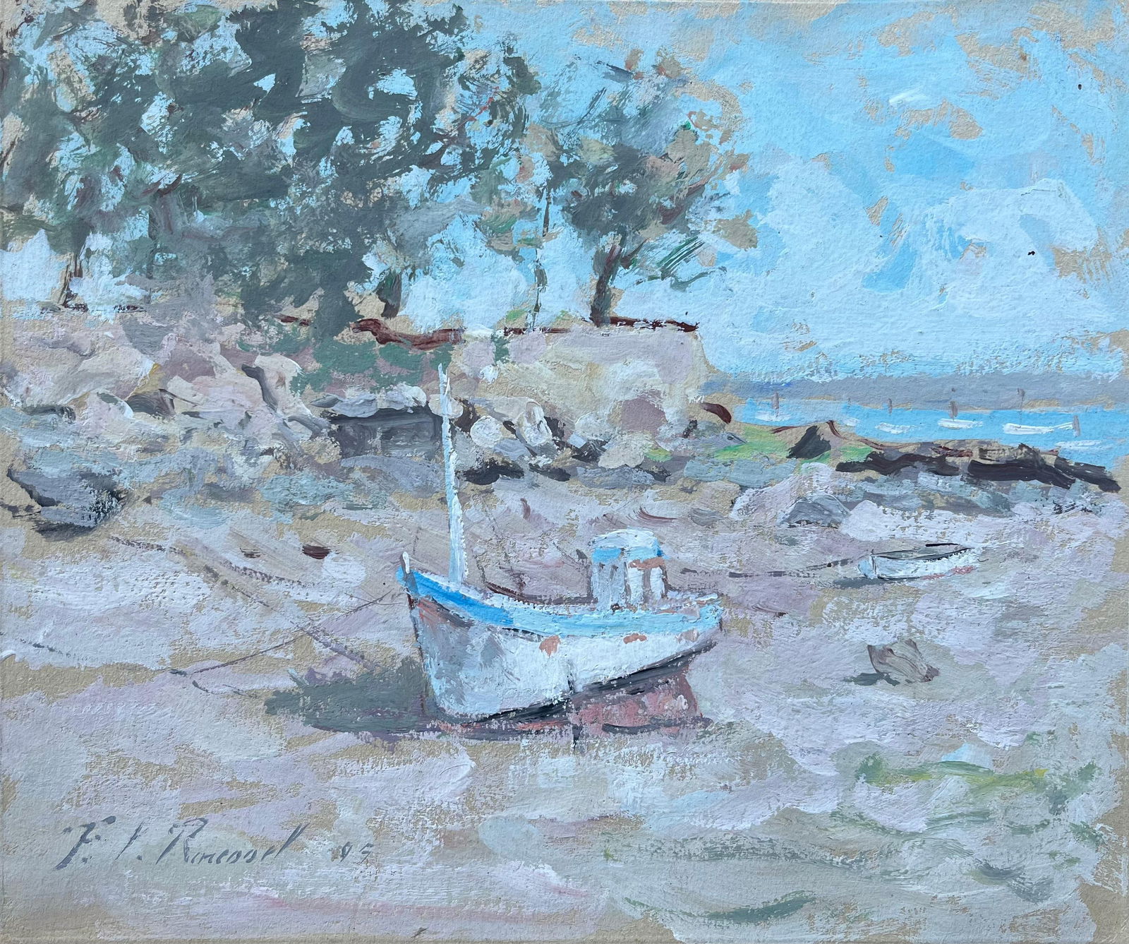 F.T Roussel; French Coastal Landscape with Moored Boat and Cliffside Trees, 1995 - 7