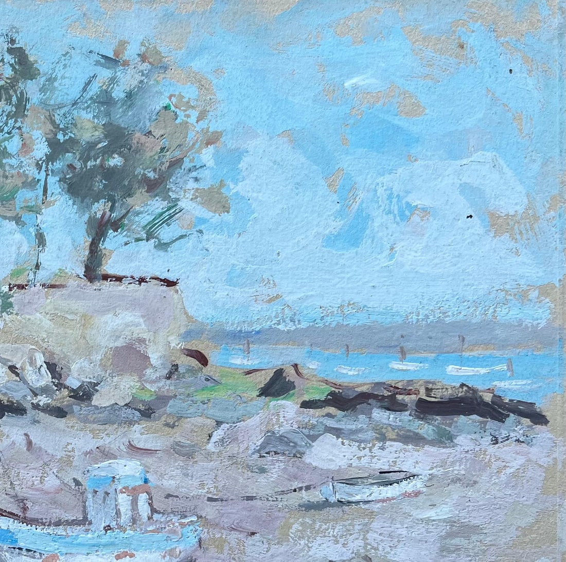 F.T Roussel; French Coastal Landscape with Moored Boat and Cliffside Trees, 1995 - 9