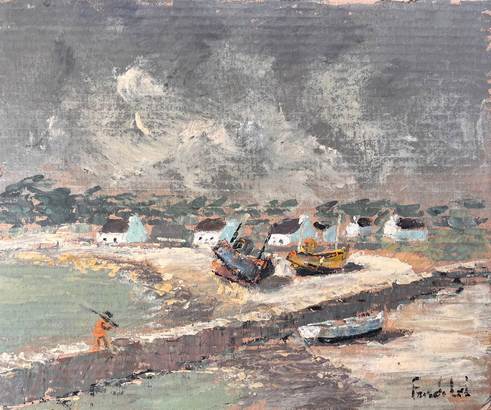Fanch Lel; French Impressionist Coastal Village Scene with Boats and Stormy Sky - 12
