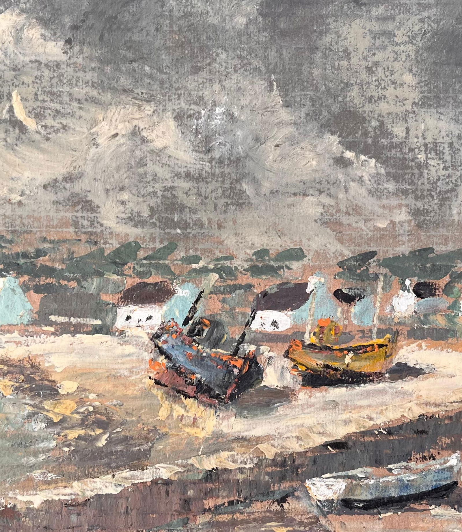 Fanch Lel; French Impressionist Coastal Village Scene with Boats and Stormy Sky - 2