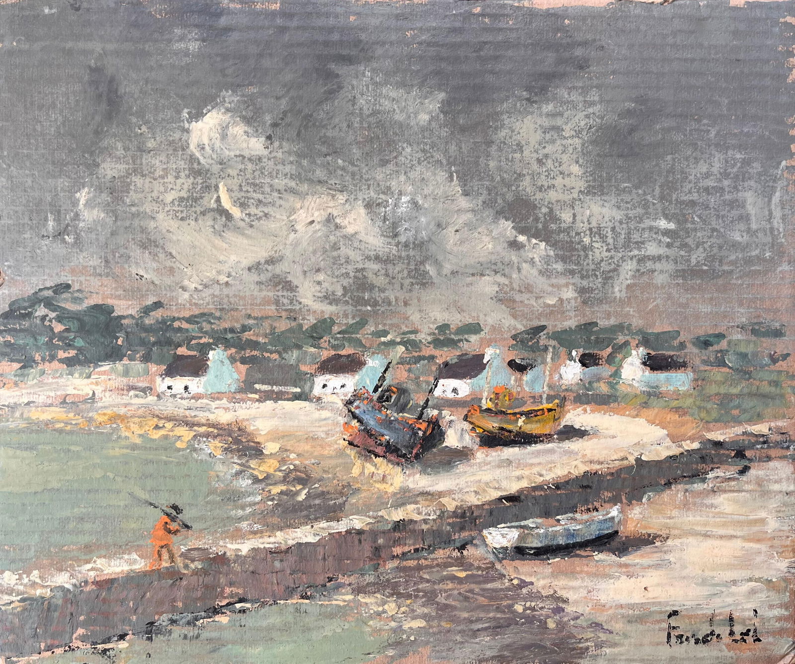 Fanch Lel; French Impressionist Coastal Village Scene with Boats and Stormy Sky - 4