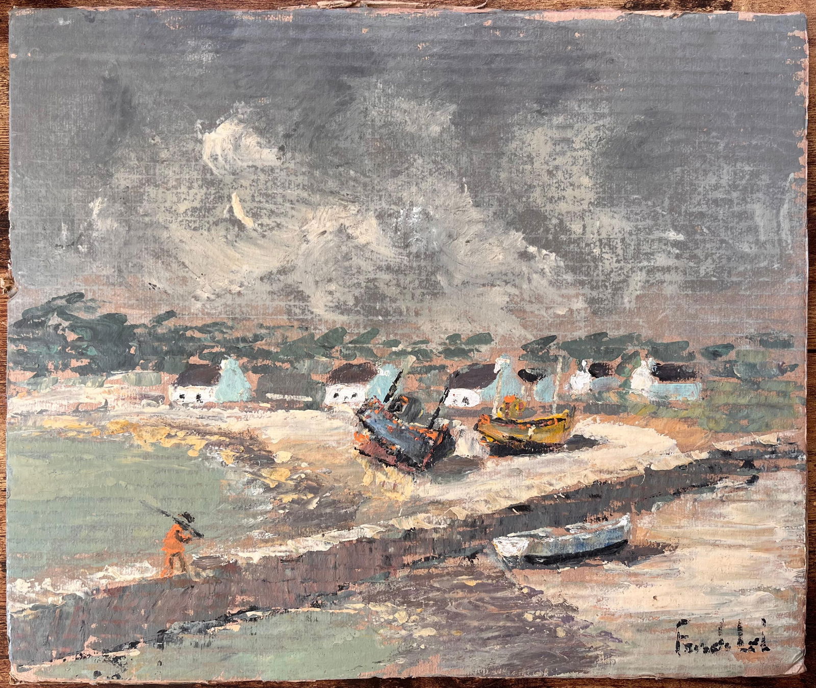 Fanch Lel; French Impressionist Coastal Village Scene with Boats and Stormy Sky - 5