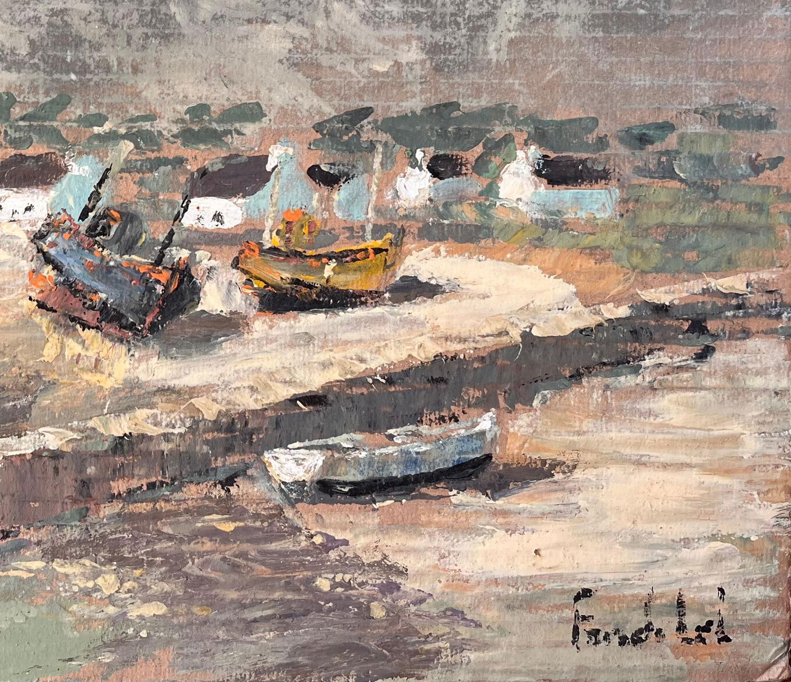 Fanch Lel; French Impressionist Coastal Village Scene with Boats and Stormy Sky - 6