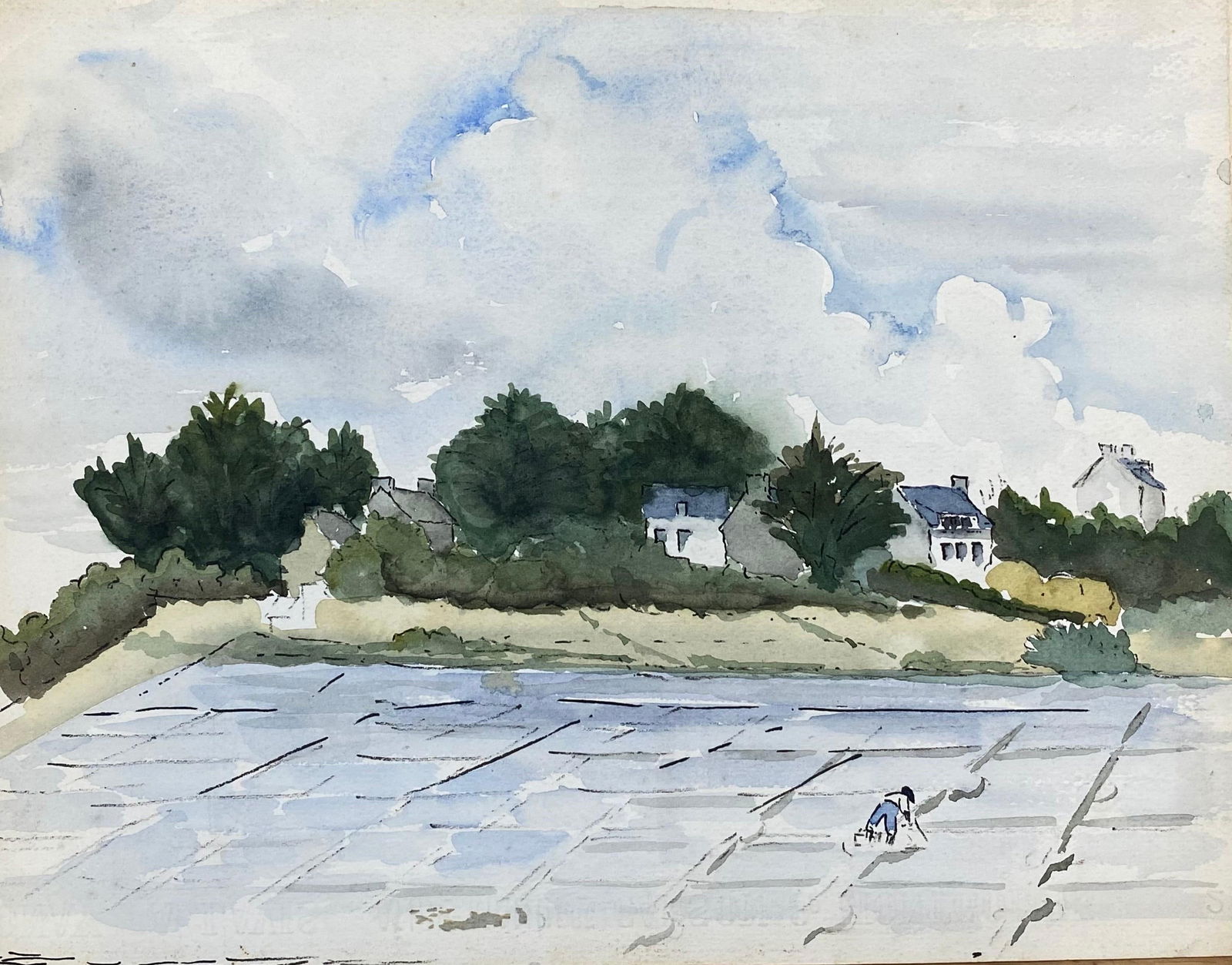 1950's French Modernist/ Cubist Painting - Peaceful Light Colours Landscape, 1950 - 2