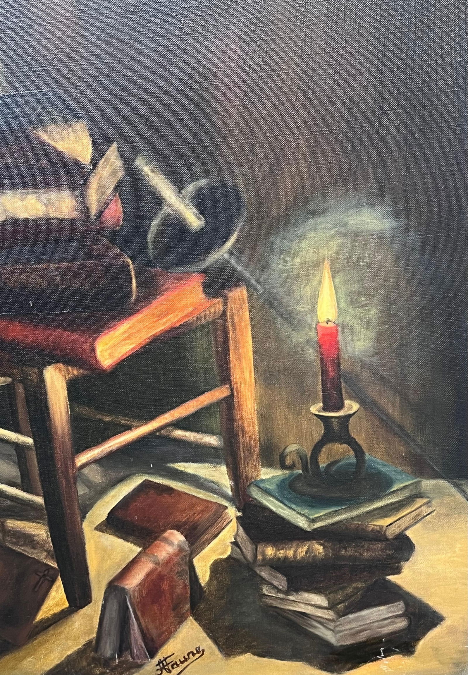 Annie Faure; Candle Lit Interior Candle Lit Book Room 20th Century French Oil Painting - 8