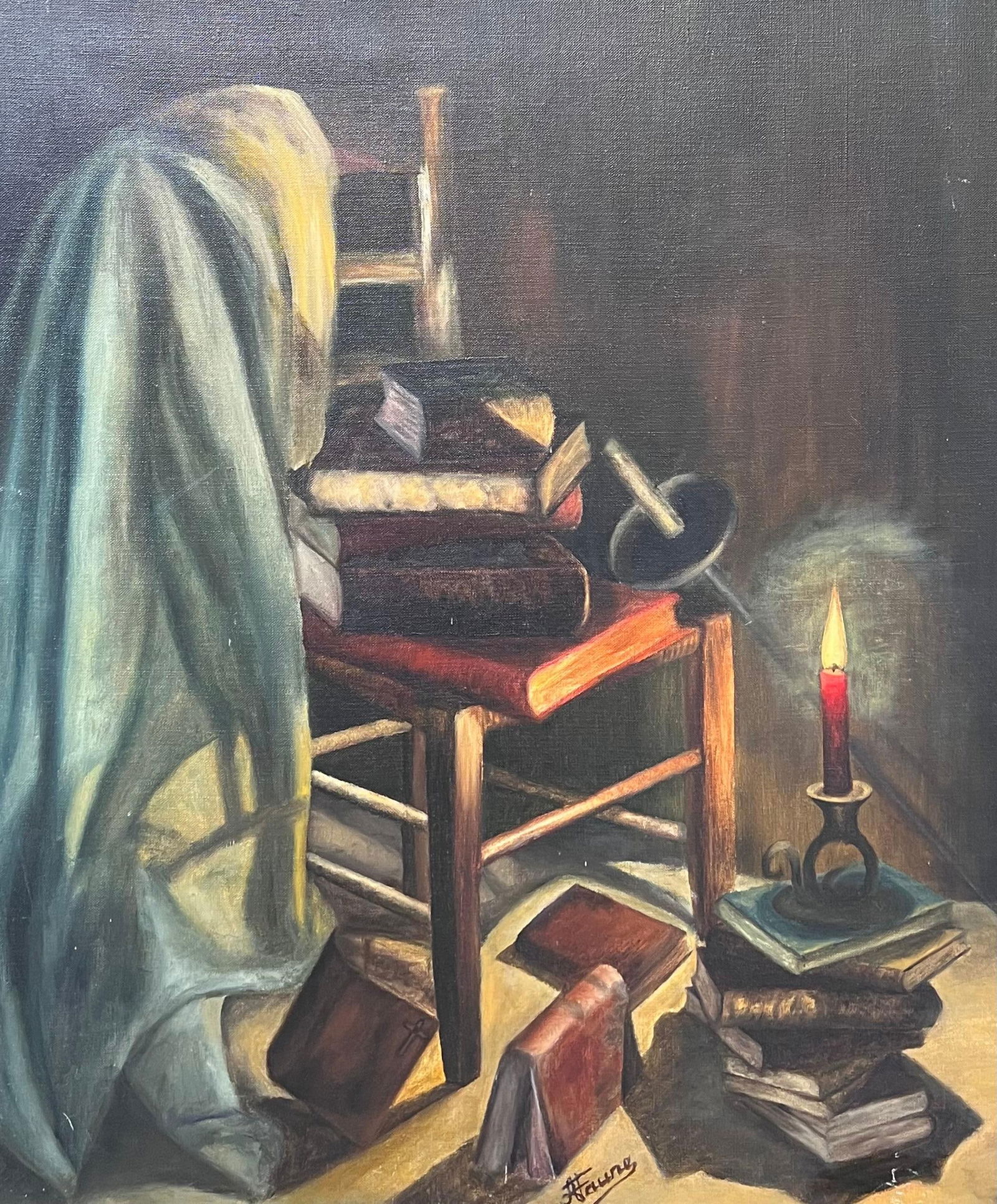 Annie Faure; Candle Lit Interior Candle Lit Book Room 20th Century French Oil Painting - 11
