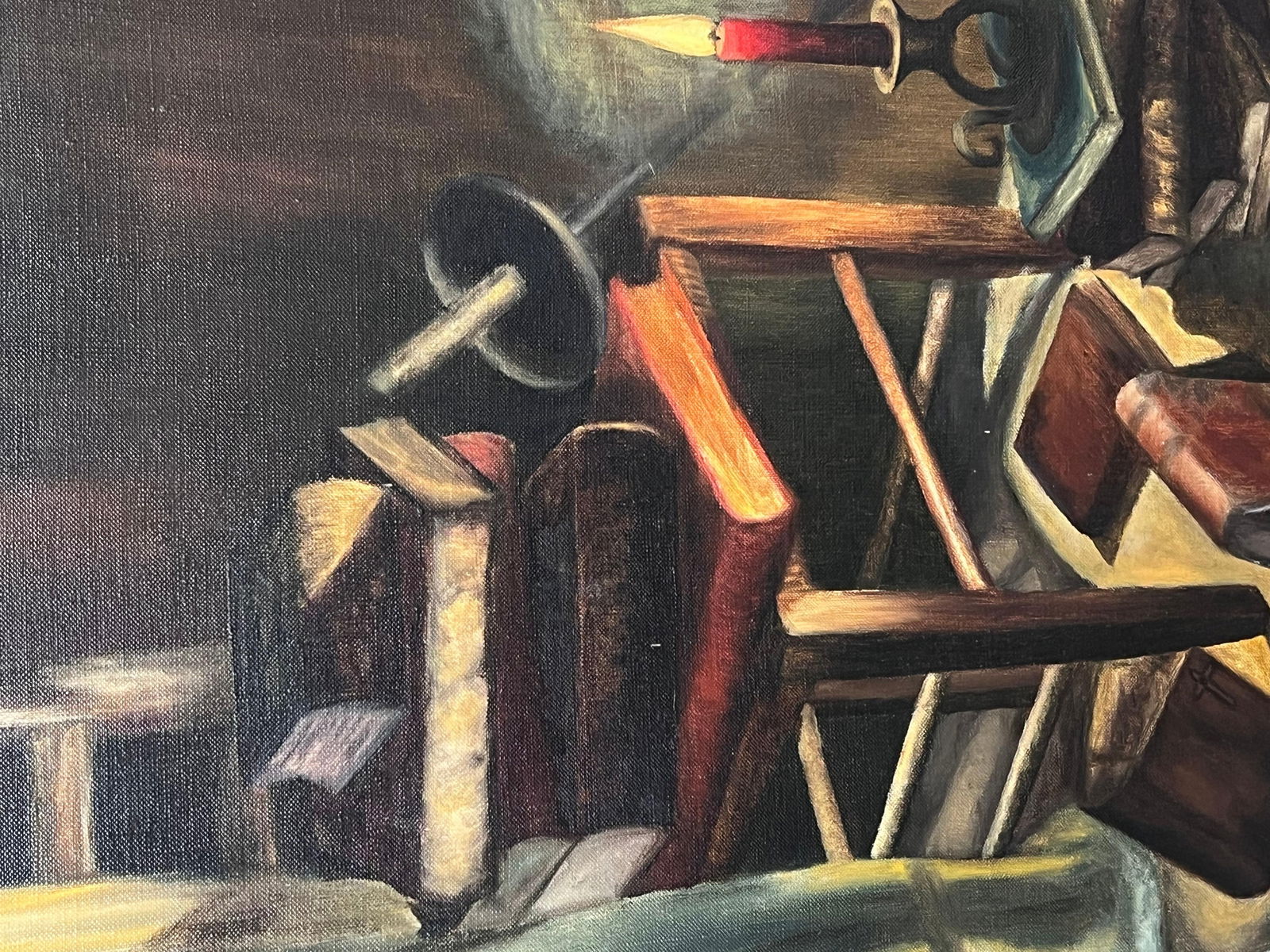 Annie Faure; Candle Lit Interior Candle Lit Book Room 20th Century French Oil Painting - 14