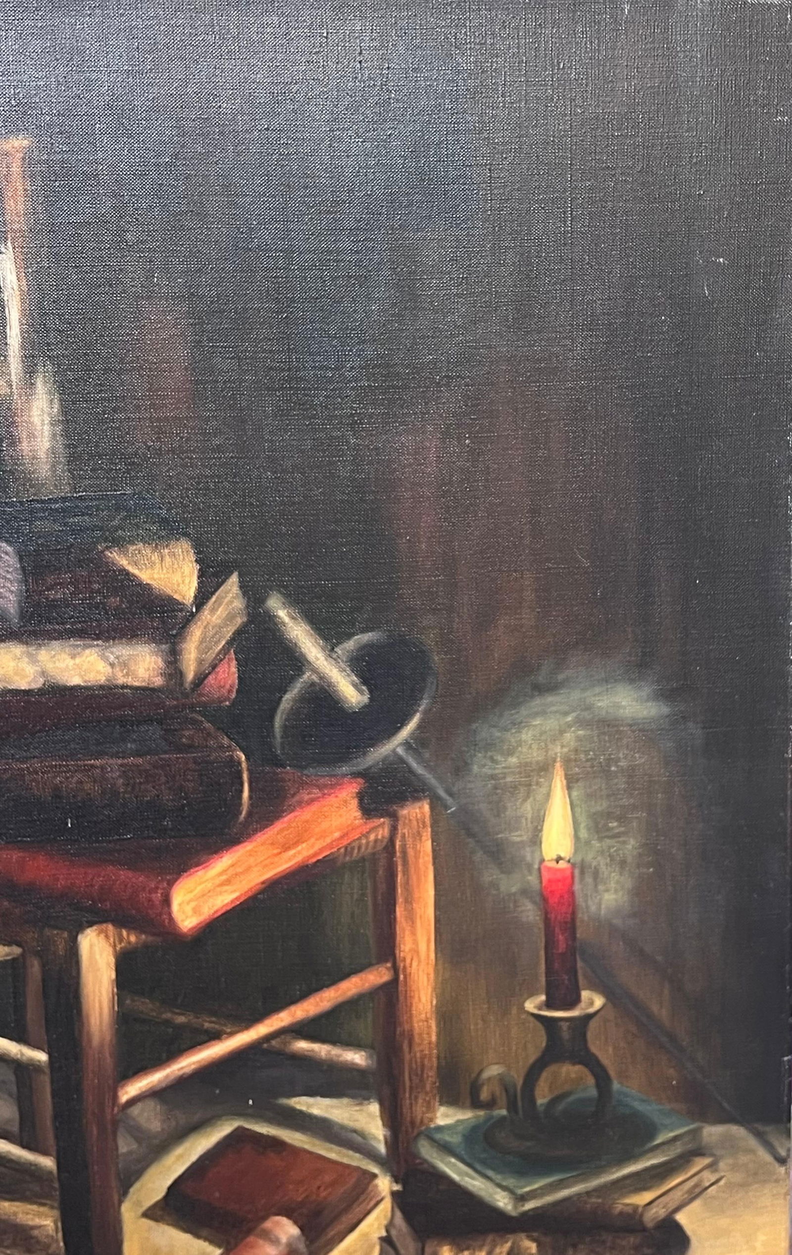 Annie Faure; Candle Lit Interior Candle Lit Book Room 20th Century French Oil Painting - 2