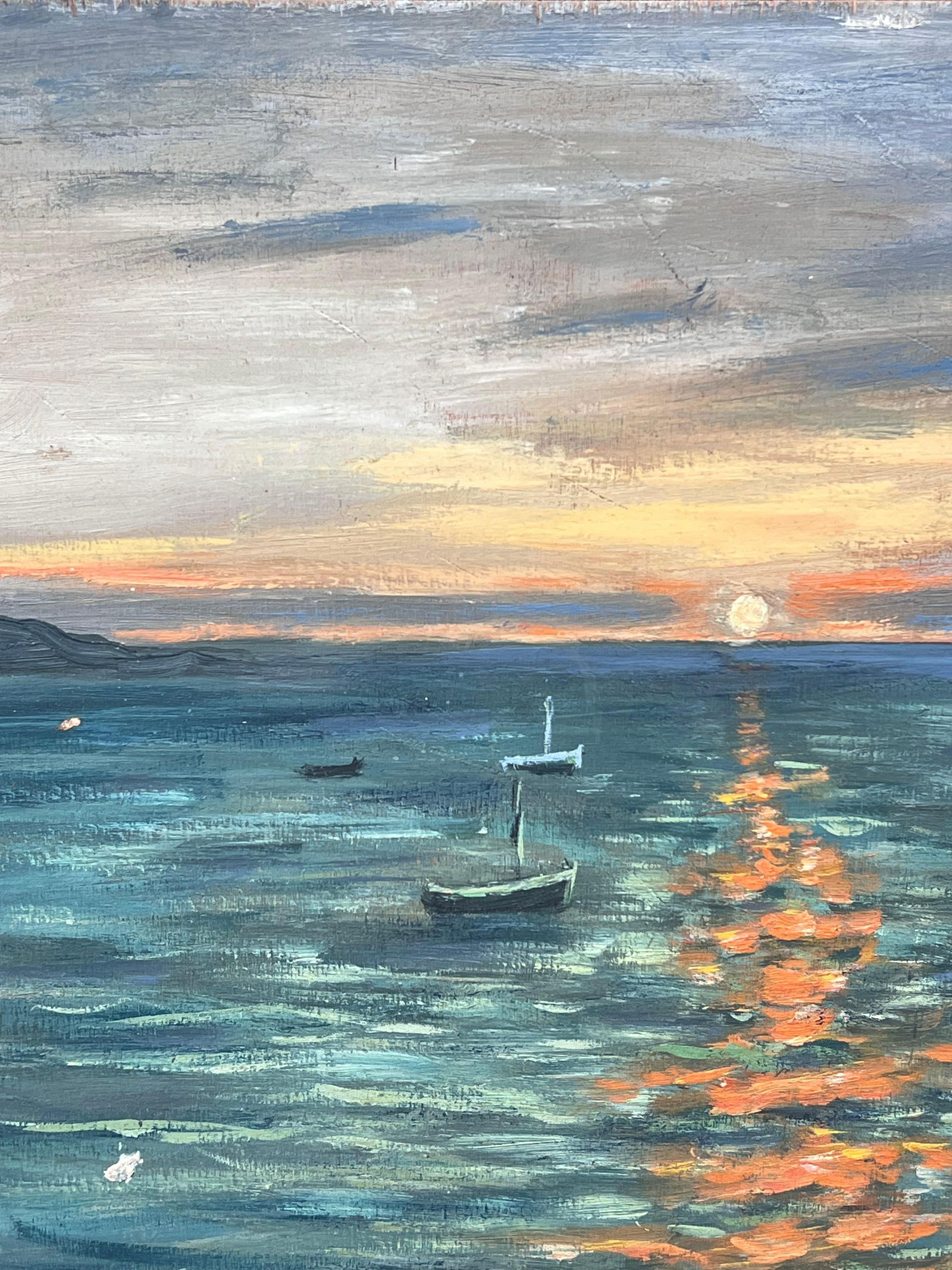 Fanch Lel; Dappled Orange Sunset On The Bright Boat Blue Sea French Landscape Oil Painting - 2