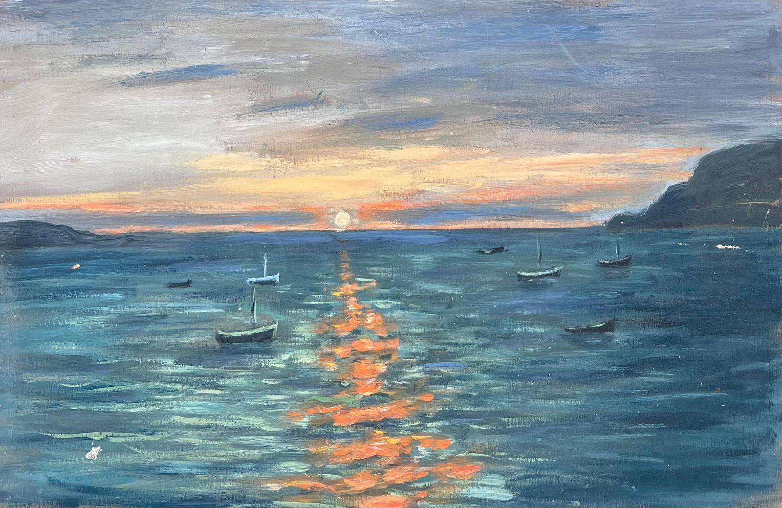 Fanch Lel; Dappled Orange Sunset On The Bright Boat Blue Sea French Landscape Oil Painting - 4