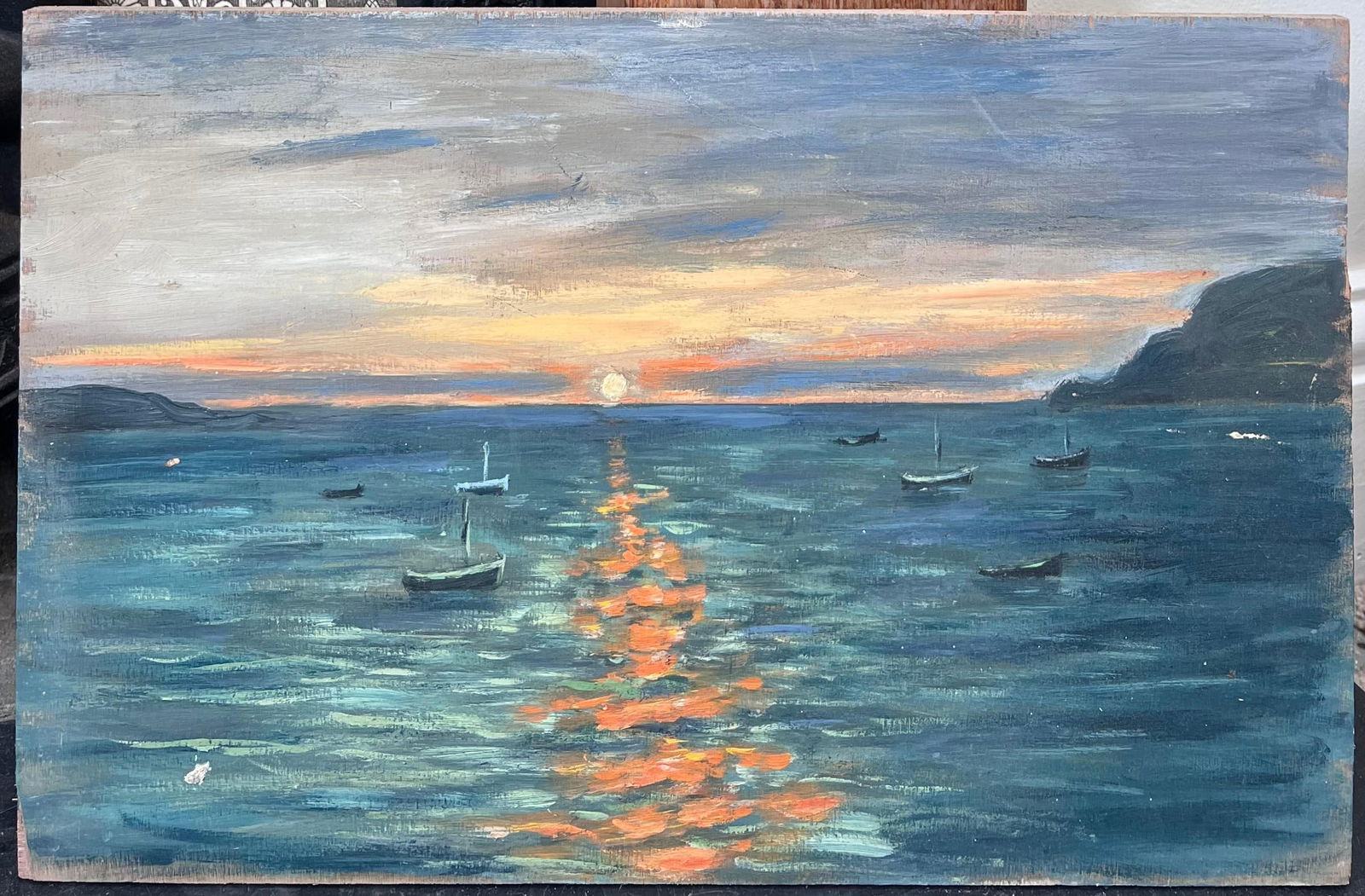 Fanch Lel; Dappled Orange Sunset On The Bright Boat Blue Sea French Landscape Oil Painting - 5
