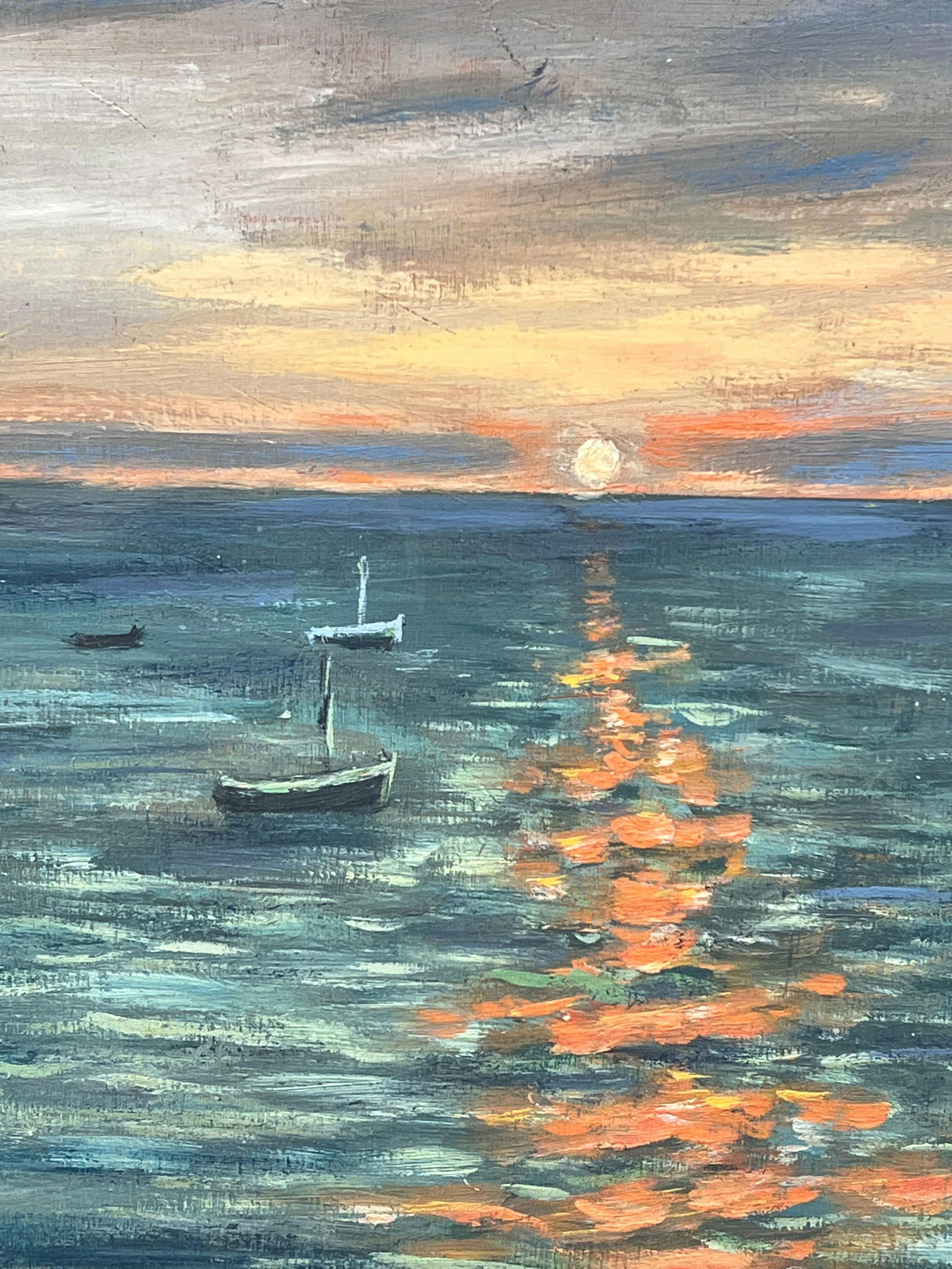 Fanch Lel; Dappled Orange Sunset On The Bright Boat Blue Sea French Landscape Oil Painting - 6
