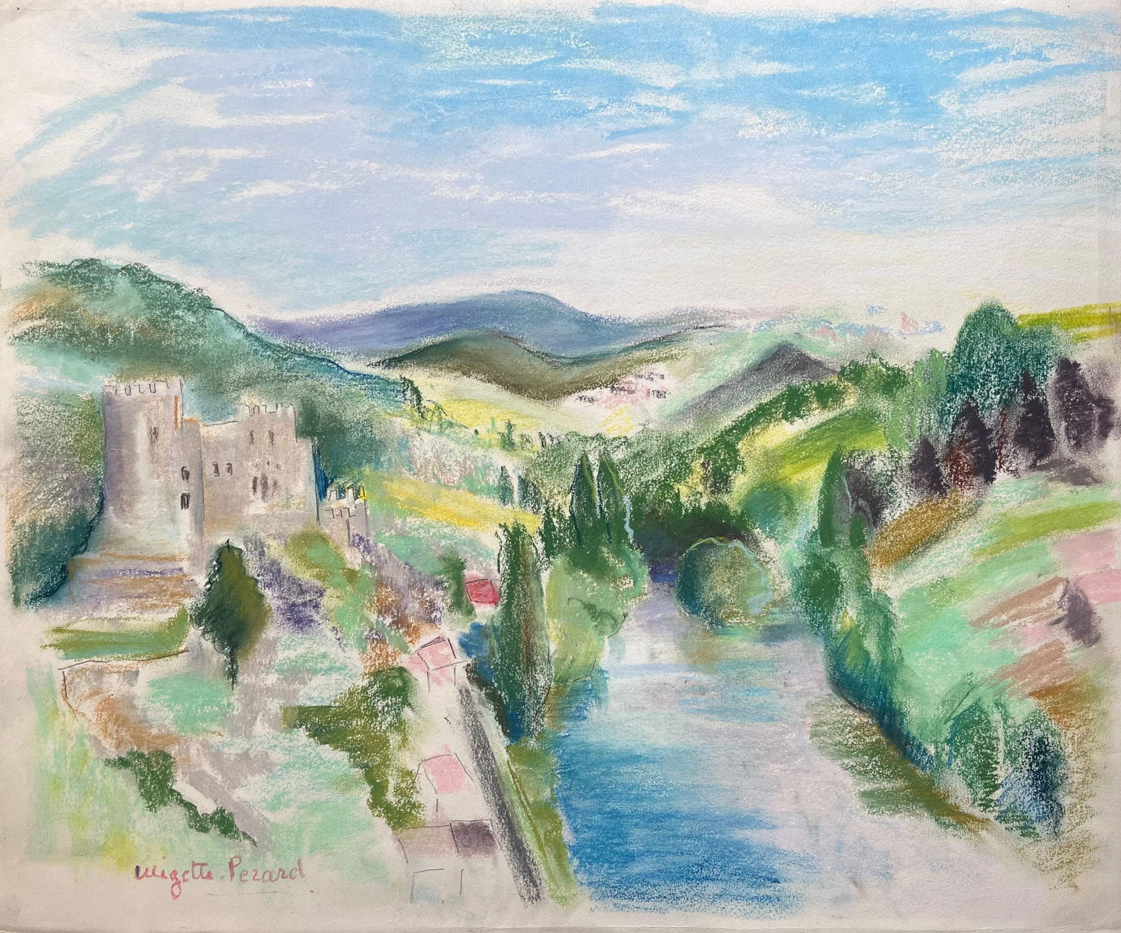 Anne Marie Migette Perard; Mid-20th Century Post-Impressionist Pastel Landscape with River and - 12