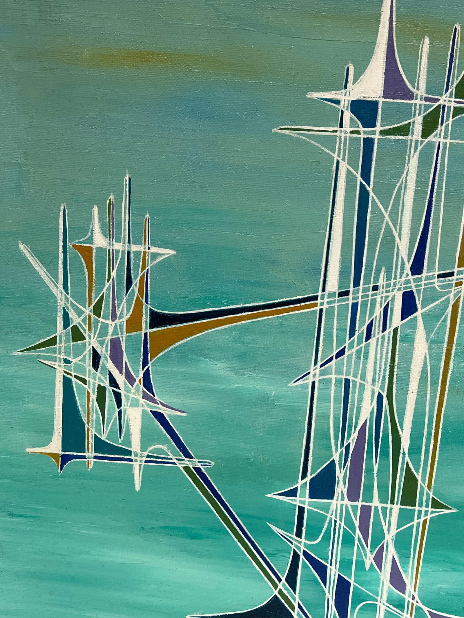 Serge Guerin (1916); Blue Geometric Spires in Turquoise Abstract Surrealist Composition Oil Painting - 8