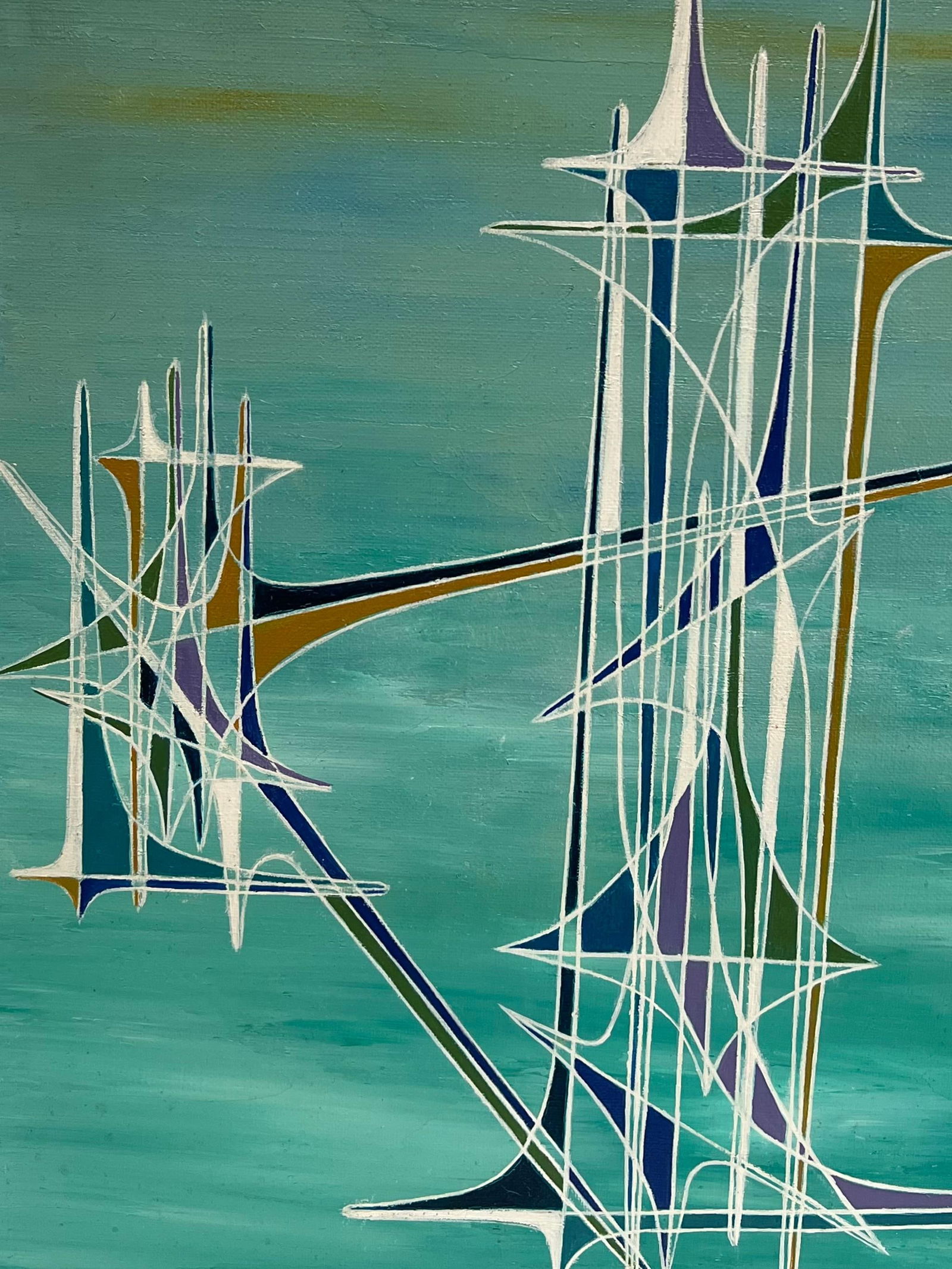 Serge Guerin (1916); Blue Geometric Spires in Turquoise Abstract Surrealist Composition Oil Painting - 9