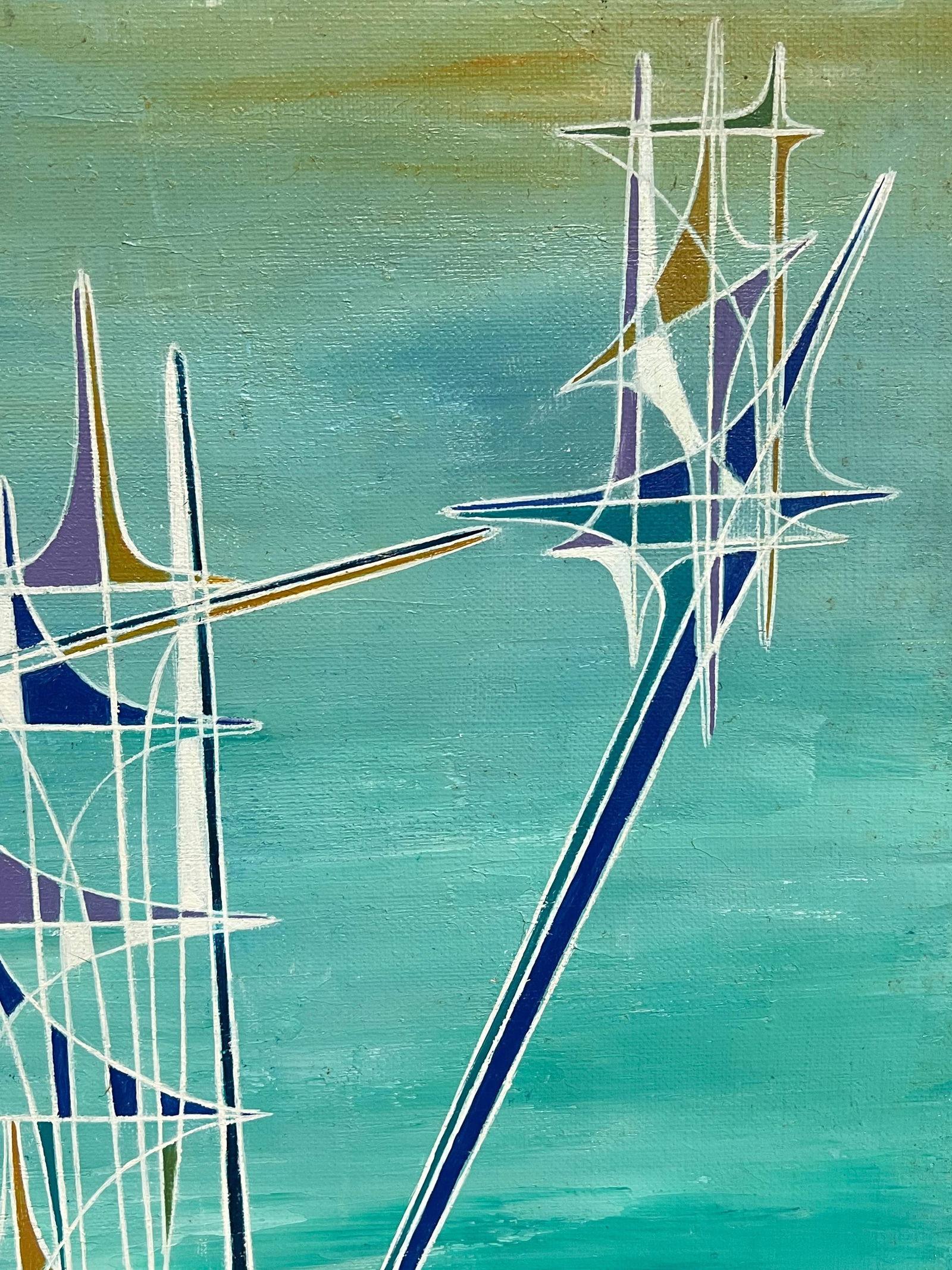 Serge Guerin (1916); Blue Geometric Spires in Turquoise Abstract Surrealist Composition Oil Painting - 11