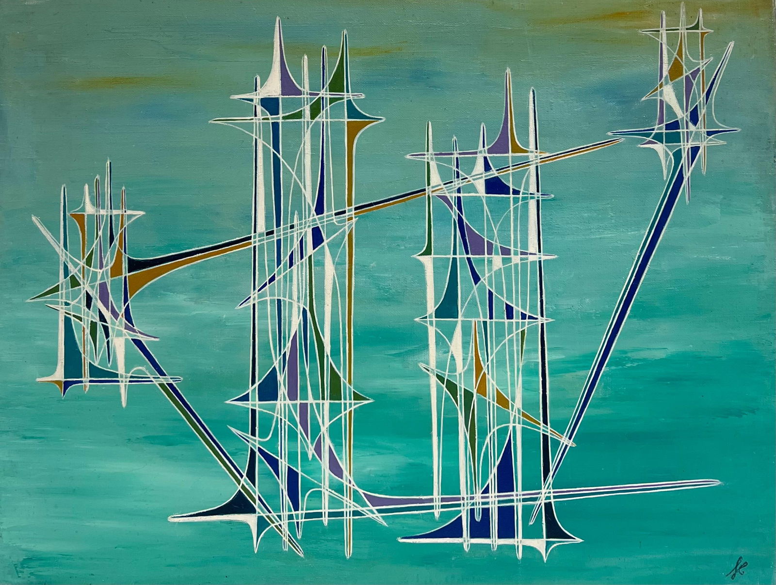 Serge Guerin (1916); Blue Geometric Spires in Turquoise Abstract Surrealist Composition Oil Painting - 4