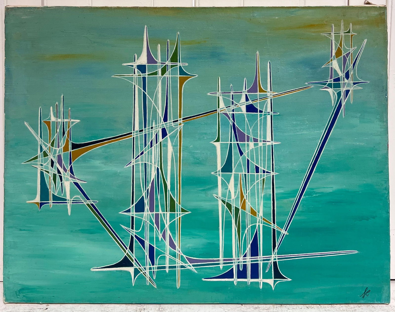 Serge Guerin (1916); Blue Geometric Spires in Turquoise Abstract Surrealist Composition Oil Painting - 5